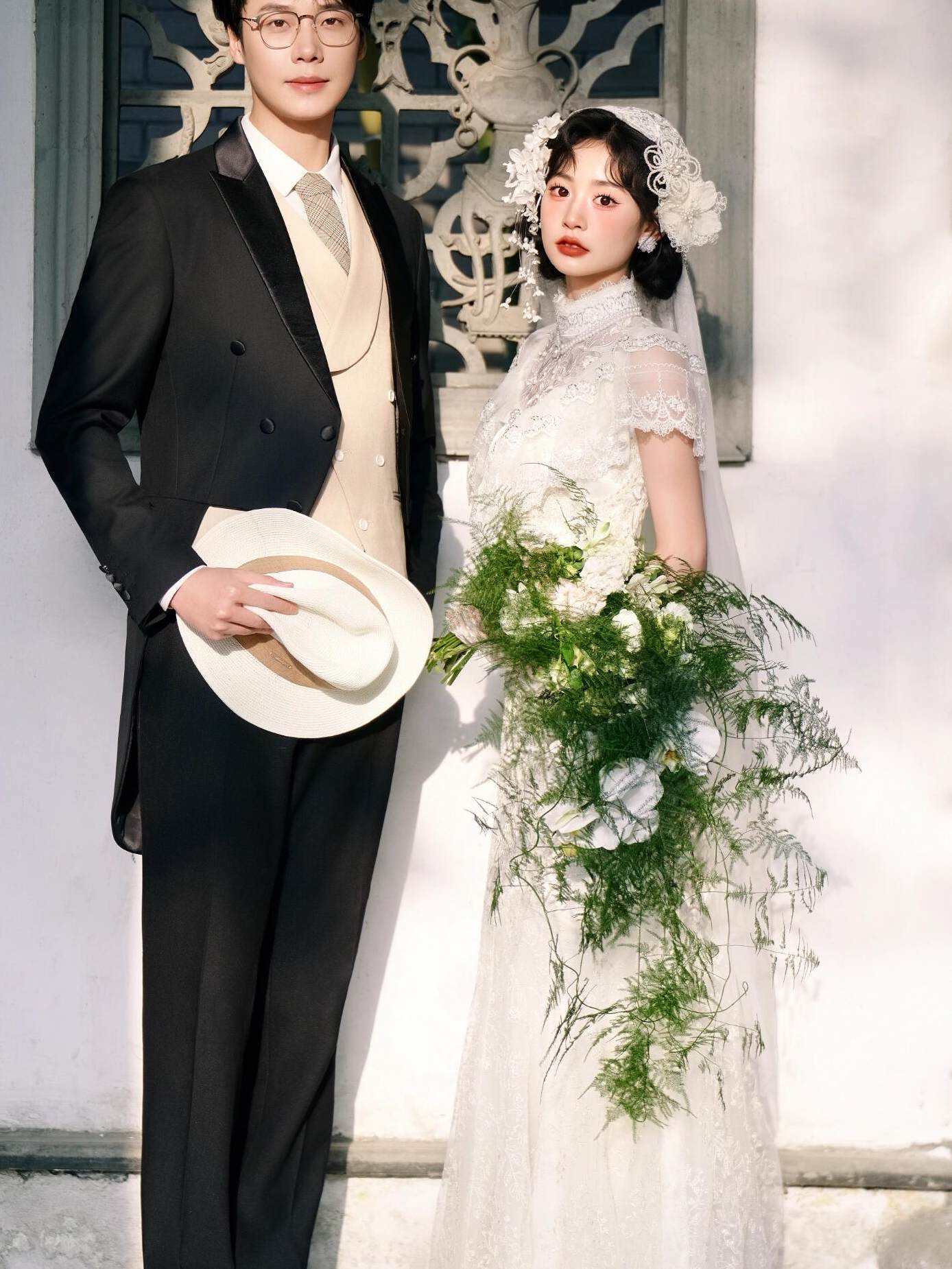 Vintage 1920s Juliet Cap Wedding Veil with Lace & 3D Floral Embellishments - 59