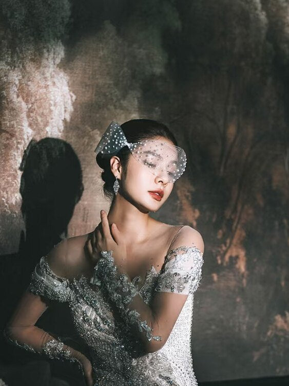 Glamorous Pearl Birdcage Veil with Statement Bow - Modern Vintage Blusher Veil, Old Hollywood Wedding Hairpiece for Civil Ceremony & Reception LUNA-X343