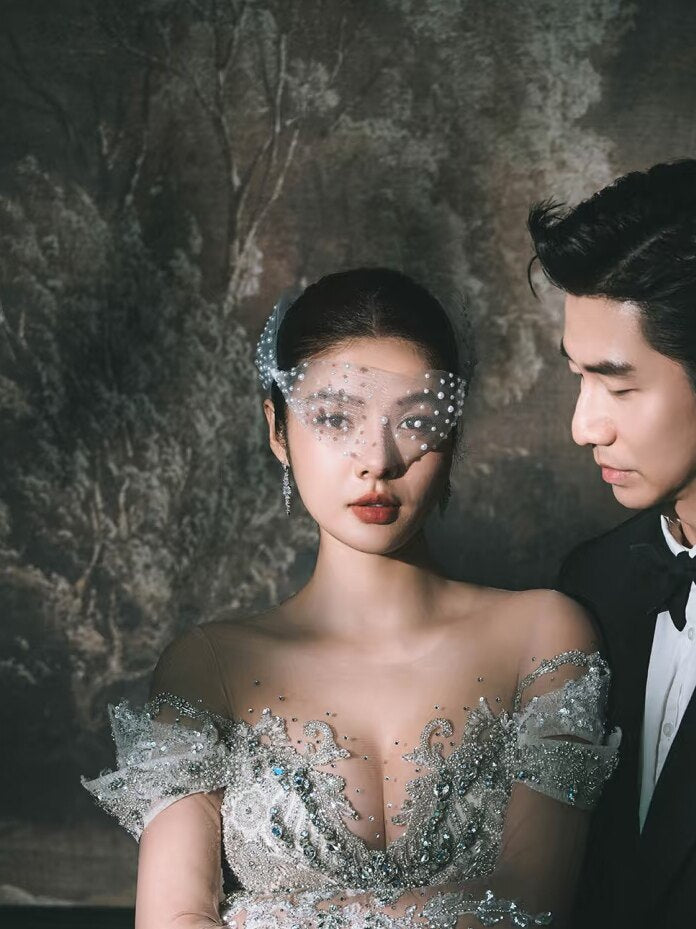 Glamorous Pearl Birdcage Veil with Statement Bow - Modern Vintage Blusher Veil, Old Hollywood Wedding Hairpiece for Civil Ceremony & Reception LUNA-X343