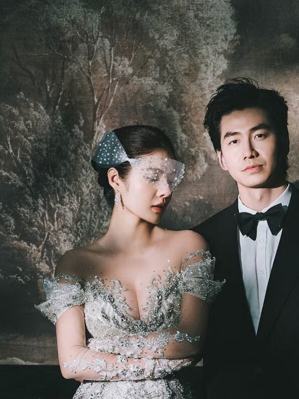 Glamorous Pearl Birdcage Veil with Statement Bow - Modern Vintage Blusher Veil, Old Hollywood Wedding Hairpiece for Civil Ceremony & Reception LUNA-X343