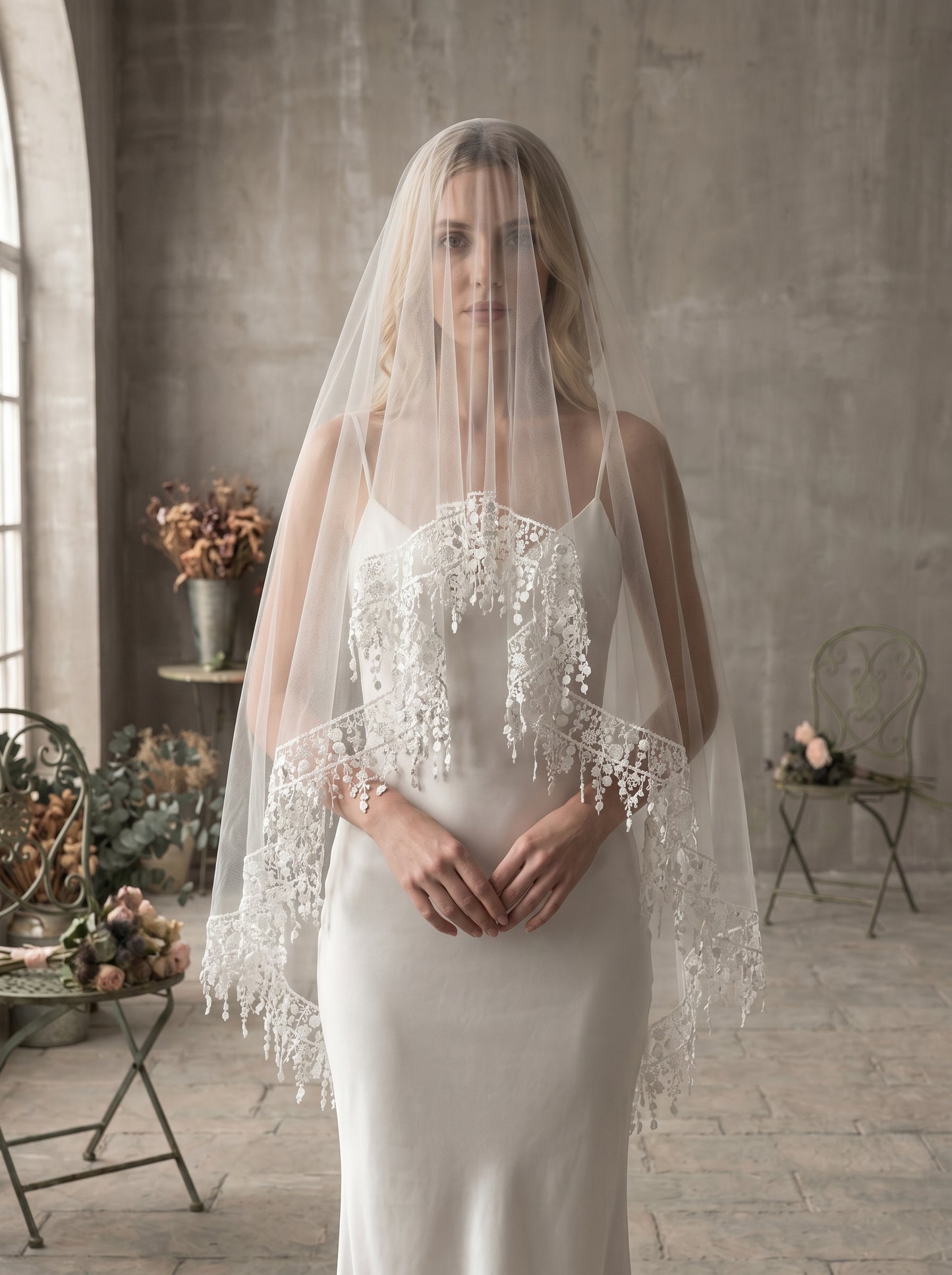 Luxury Boho Waltz Length Wedding Veil - 59" 1.5m Two-Tier Bridal Veil with Heavy Tassel Lace Edge & Floral Garland Crown, Romantic Mantilla Blusher Veil  LUNA-X345