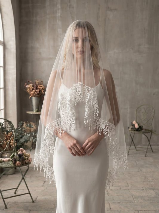 Luxury Boho Waltz Length Wedding Veil - 59" 1.5m Two-Tier Bridal Veil with Heavy Tassel Lace Edge & Floral Garland Crown, Romantic Mantilla Blusher Veil  LUNA-X345