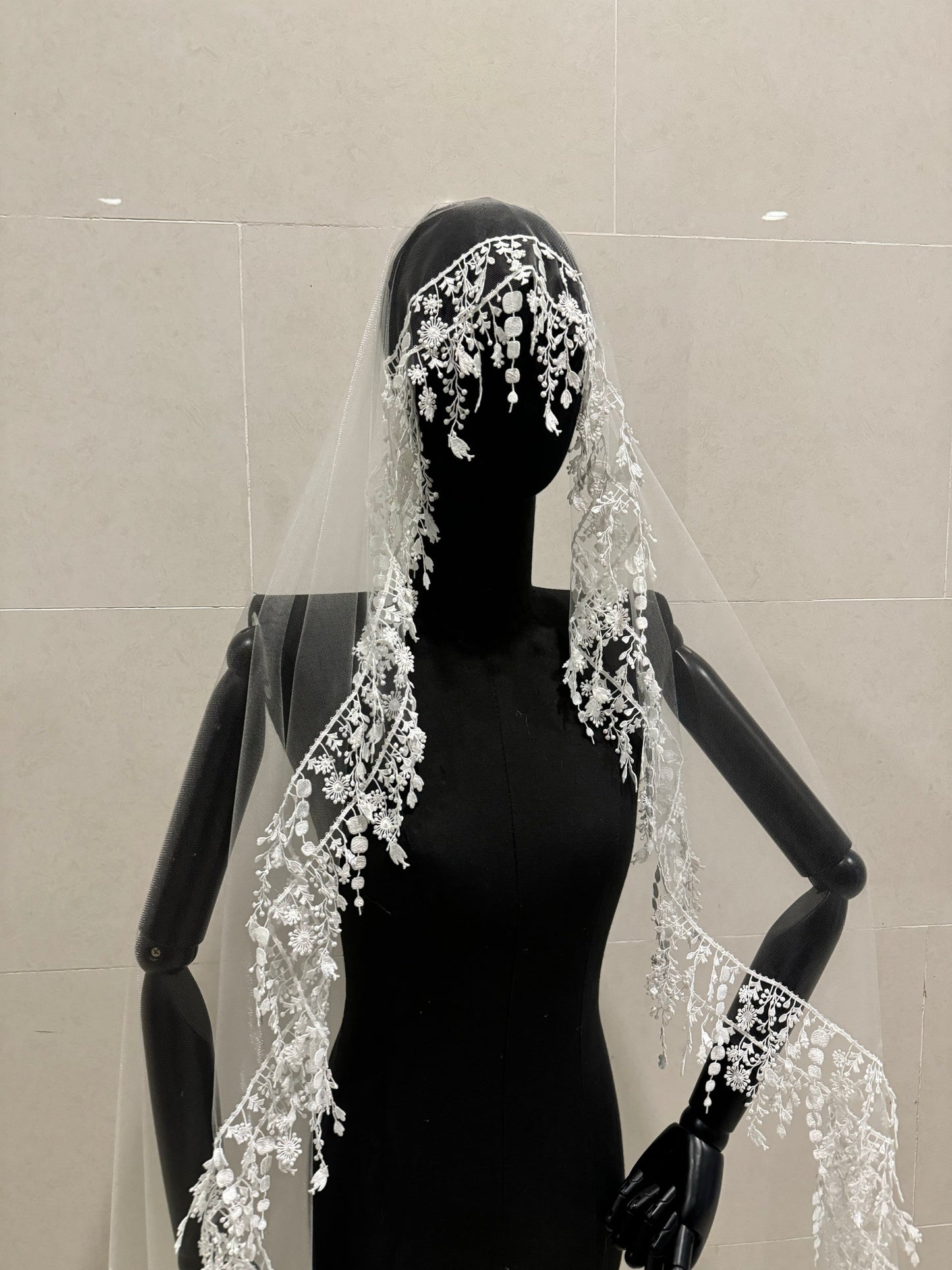 Luxury Boho Waltz Length Wedding Veil - 59" 1.5m Two-Tier Bridal Veil with Heavy Tassel Lace Edge & Floral Garland Crown, Romantic Mantilla Blusher Veil  LUNA-X345