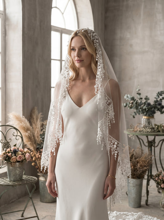 Luxury Boho Waltz Length Wedding Veil - 59" 1.5m Two-Tier Bridal Veil with Heavy Tassel Lace Edge & Floral Garland Crown, Romantic Mantilla Blusher Veil  LUNA-X345