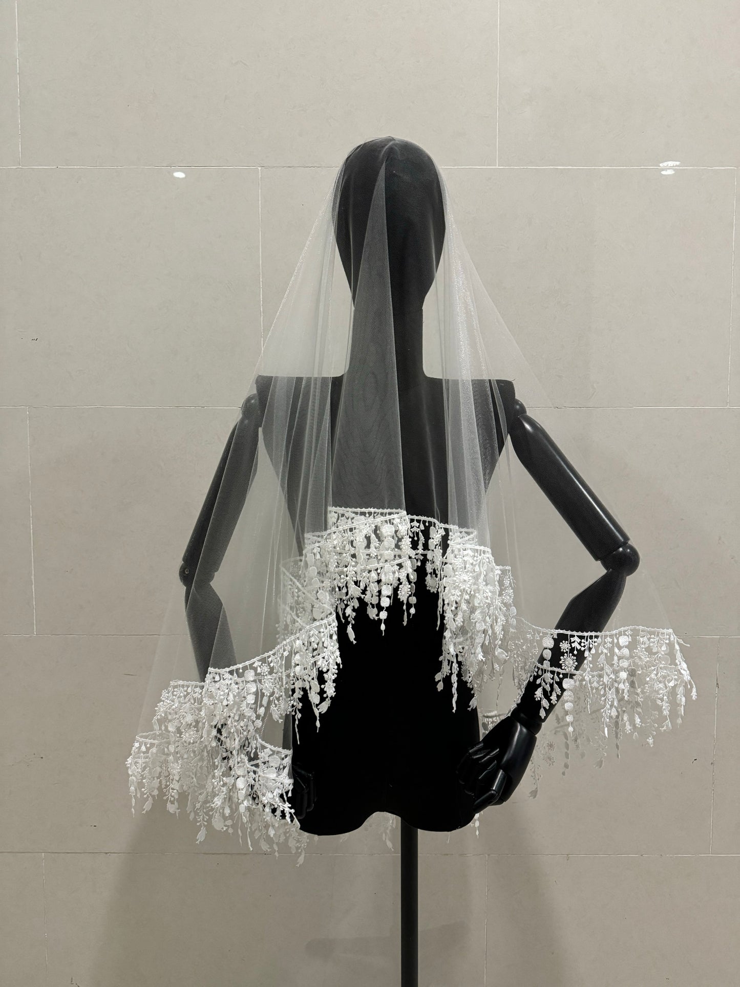 Luxury Boho Waltz Length Wedding Veil - 59" 1.5m Two-Tier Bridal Veil with Heavy Tassel Lace Edge & Floral Garland Crown, Romantic Mantilla Blusher Veil  LUNA-X345