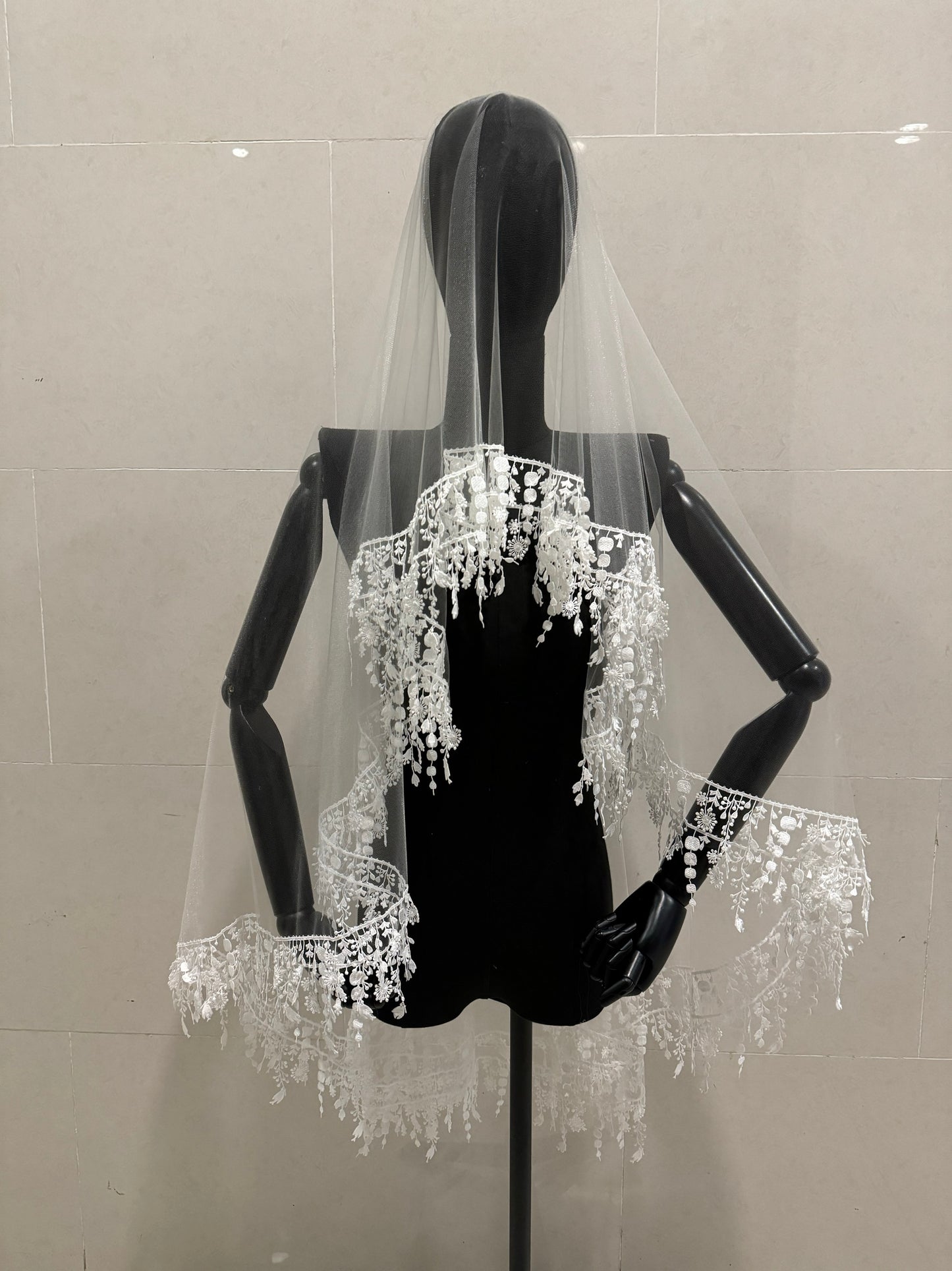 Luxury Boho Waltz Length Wedding Veil - 59" 1.5m Two-Tier Bridal Veil with Heavy Tassel Lace Edge & Floral Garland Crown, Romantic Mantilla Blusher Veil  LUNA-X345