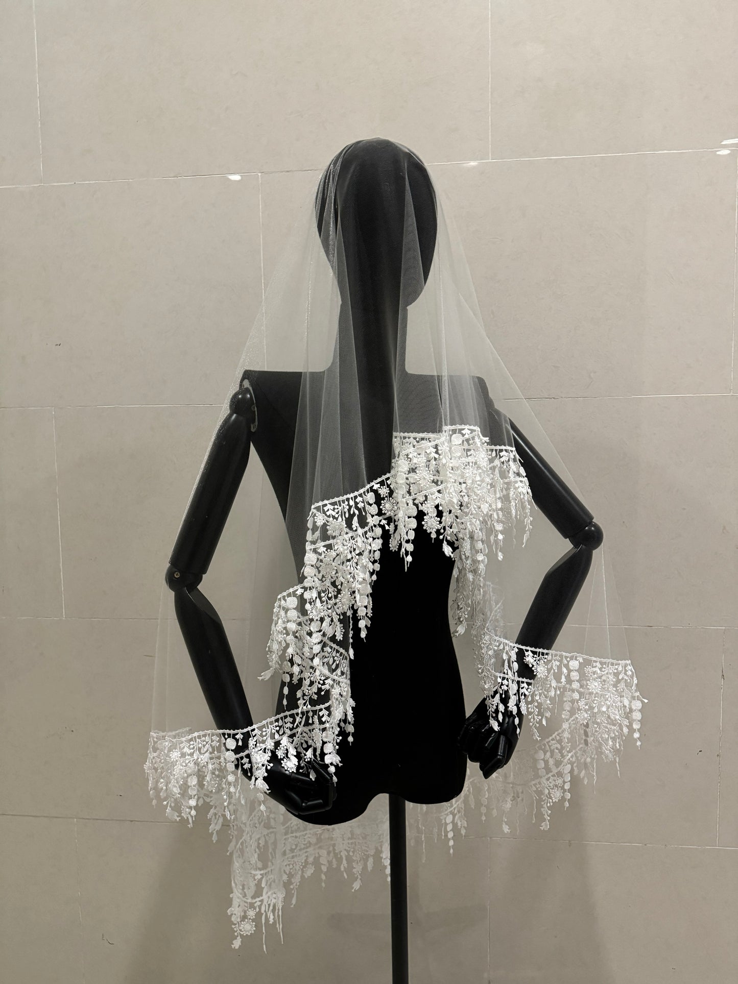 Luxury Boho Waltz Length Wedding Veil - 59" 1.5m Two-Tier Bridal Veil with Heavy Tassel Lace Edge & Floral Garland Crown, Romantic Mantilla Blusher Veil  LUNA-X345