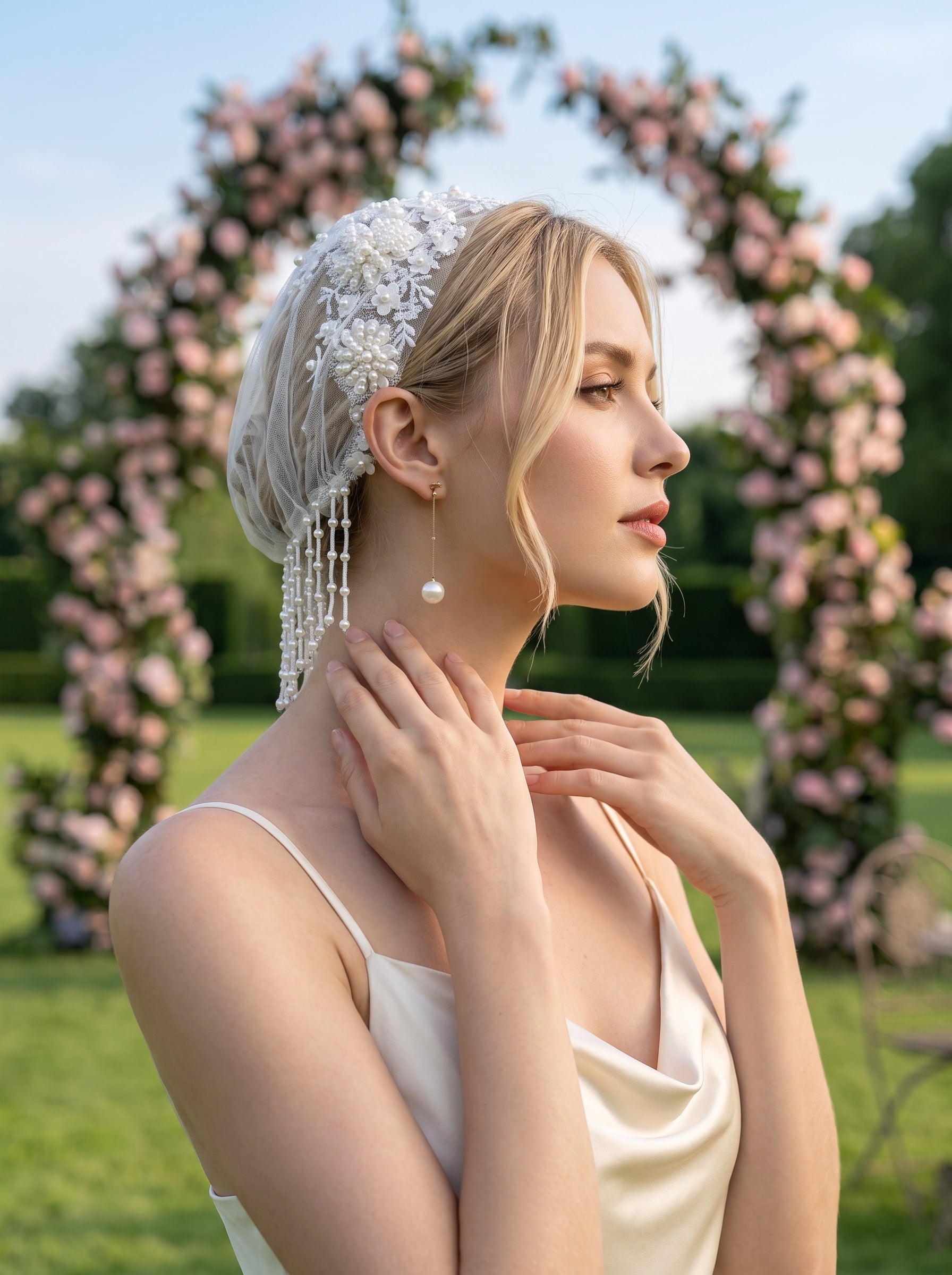 1920s Vintage Juliet Cap Headpiece with Pearl Tassels - Luxury 3D Floral Bridal Hair Cap, Romantic Gatsby Wedding Headband Veil for Reception & Party  LUNA-X346