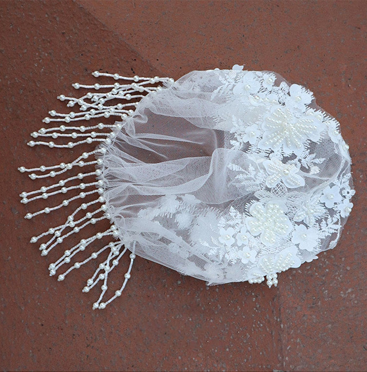 1920s Vintage Juliet Cap Headpiece with Pearl Tassels - Luxury 3D Floral Bridal Hair Cap, Romantic Gatsby Wedding Headband Veil for Reception & Party  LUNA-X346
