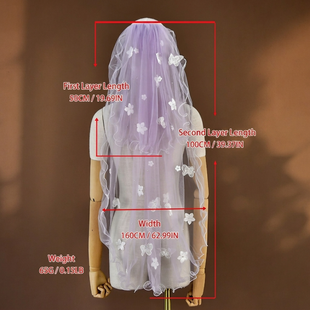 Romantic Lavender Purple Two-Tier Wedding Veil - 39" Fingertip Length Bridal Veil with 3D Lace Butterflies & Daisy Flowers, Whimsical Fairycore Blusher Veil  LUNA-X347