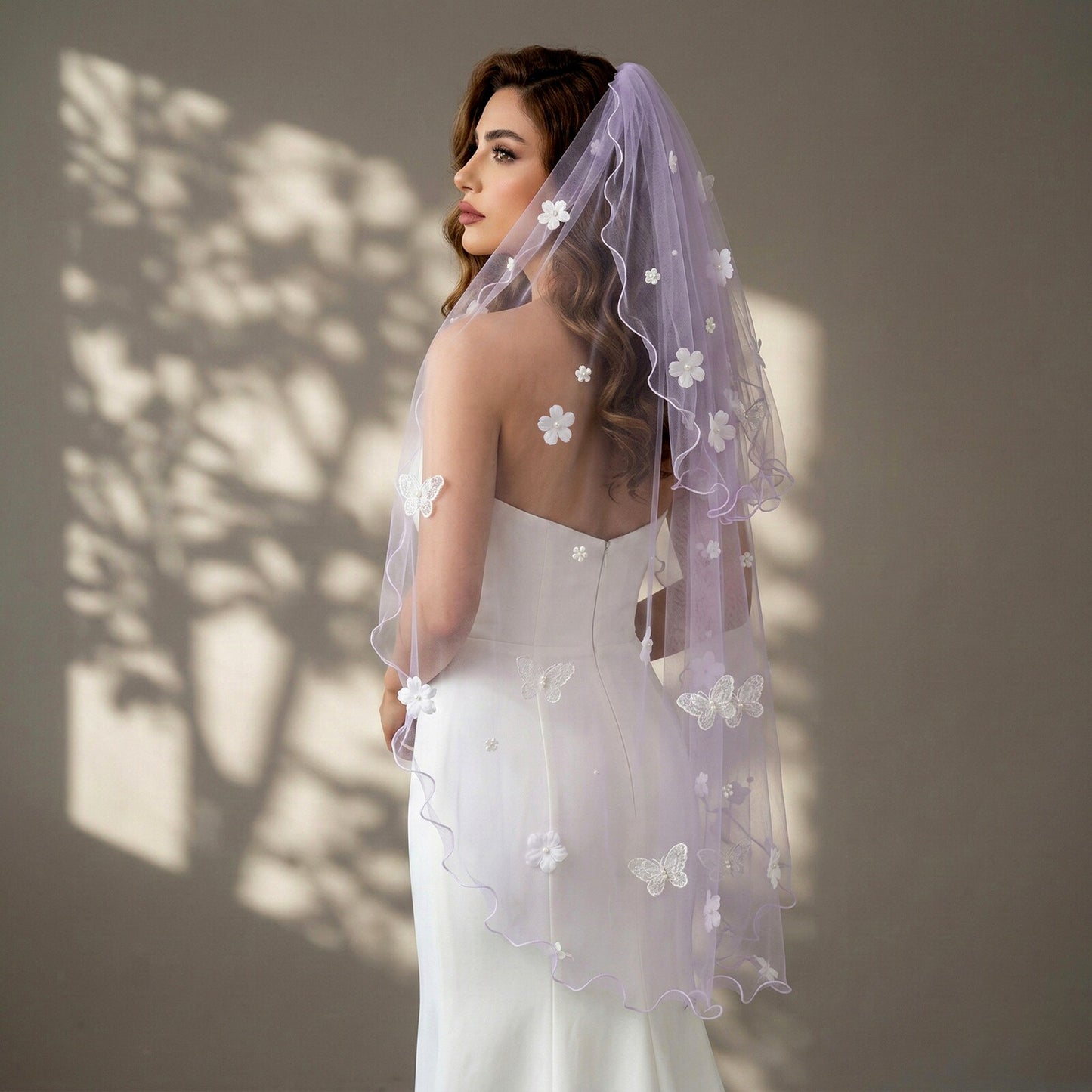Romantic Lavender Purple Two-Tier Wedding Veil - 39" Fingertip Length Bridal Veil with 3D Lace Butterflies & Daisy Flowers, Whimsical Fairycore Blusher Veil  LUNA-X347