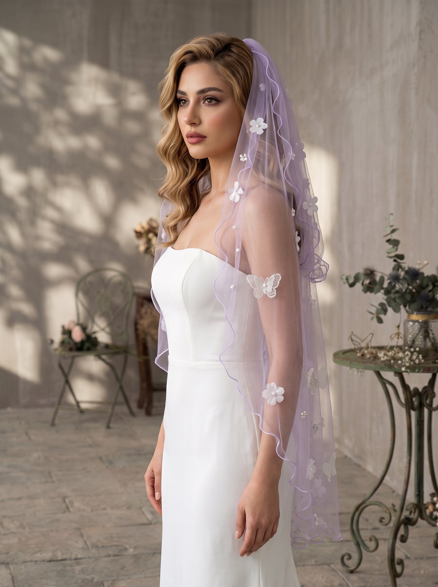Romantic Lavender Purple Two-Tier Wedding Veil - 39" Fingertip Length Bridal Veil with 3D Lace Butterflies & Daisy Flowers, Whimsical Fairycore Blusher Veil  LUNA-X347