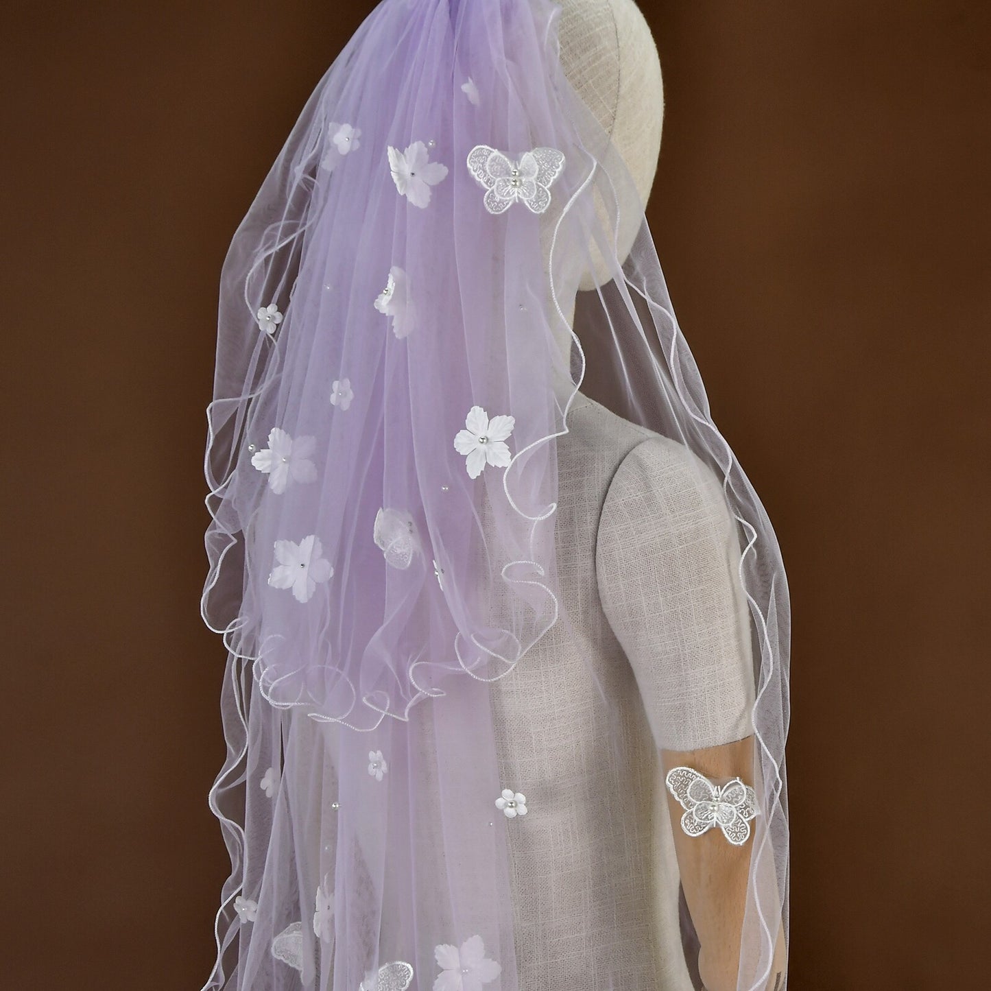 Romantic Lavender Purple Two-Tier Wedding Veil - 39" Fingertip Length Bridal Veil with 3D Lace Butterflies & Daisy Flowers, Whimsical Fairycore Blusher Veil  LUNA-X347
