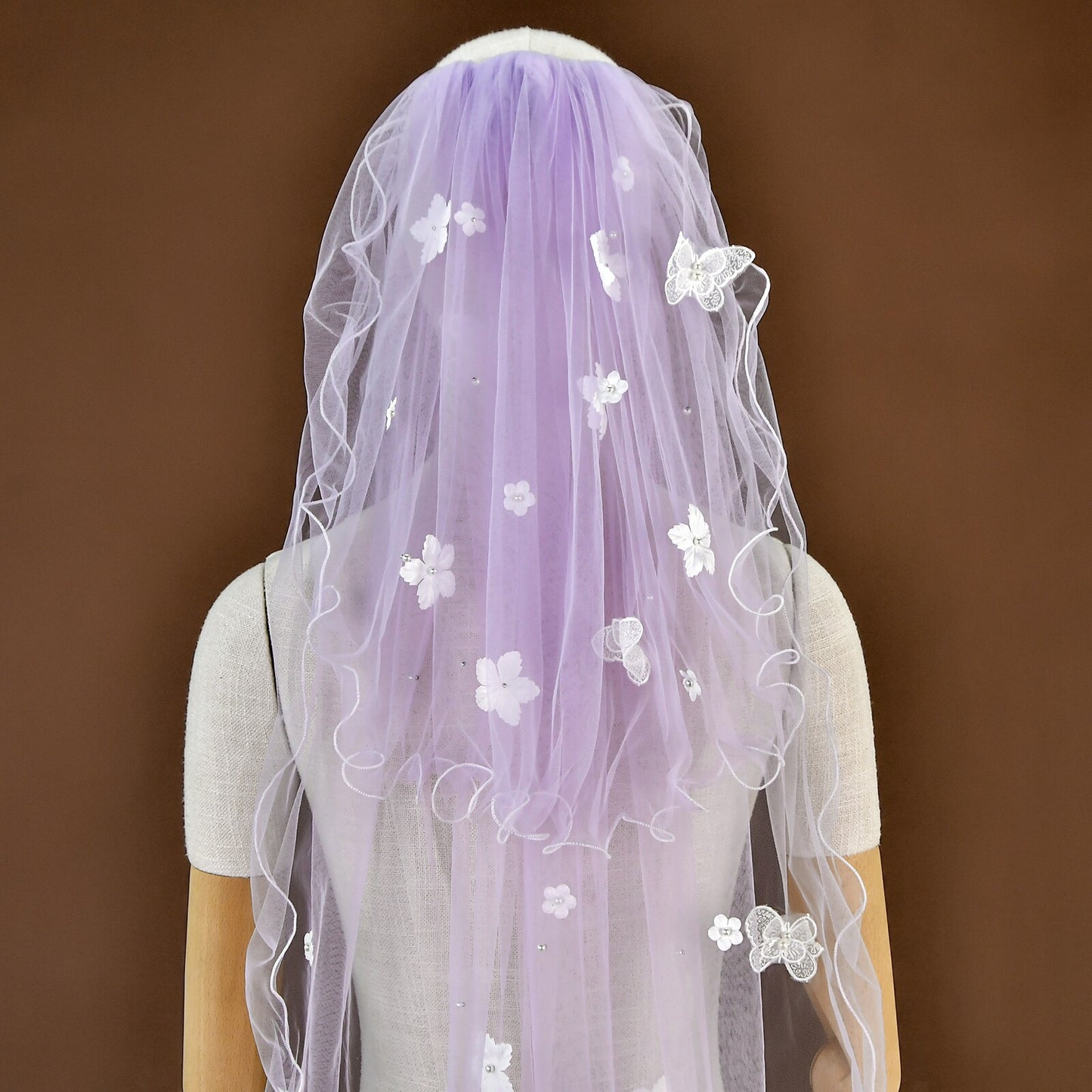 Romantic Lavender Purple Two-Tier Wedding Veil - 39" Fingertip Length Bridal Veil with 3D Lace Butterflies & Daisy Flowers, Whimsical Fairycore Blusher Veil  LUNA-X347