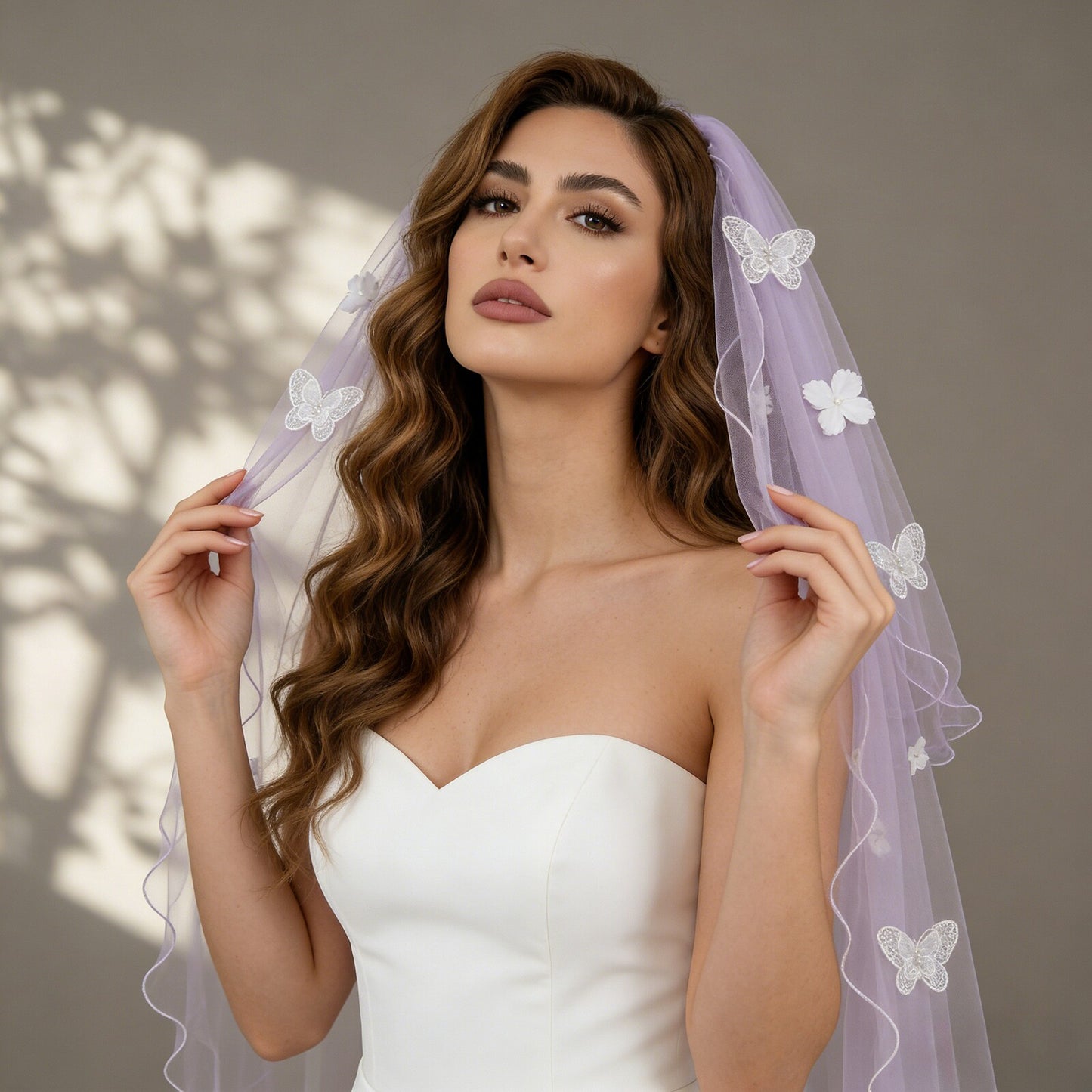 Romantic Lavender Purple Two-Tier Wedding Veil - 39" Fingertip Length Bridal Veil with 3D Lace Butterflies & Daisy Flowers, Whimsical Fairycore Blusher Veil  LUNA-X347