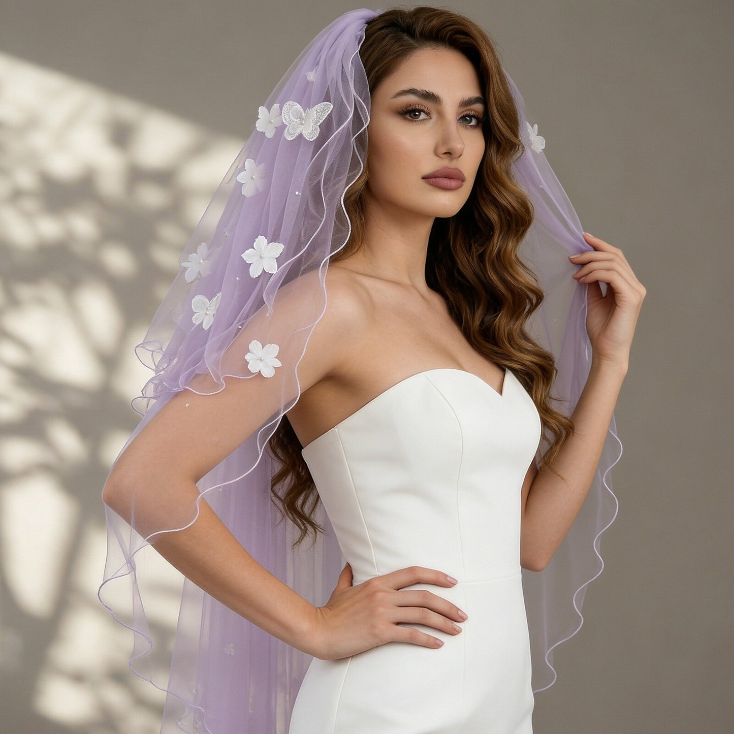 Romantic Lavender Purple Two-Tier Wedding Veil - 39" Fingertip Length Bridal Veil with 3D Lace Butterflies & Daisy Flowers, Whimsical Fairycore Blusher Veil  LUNA-X347