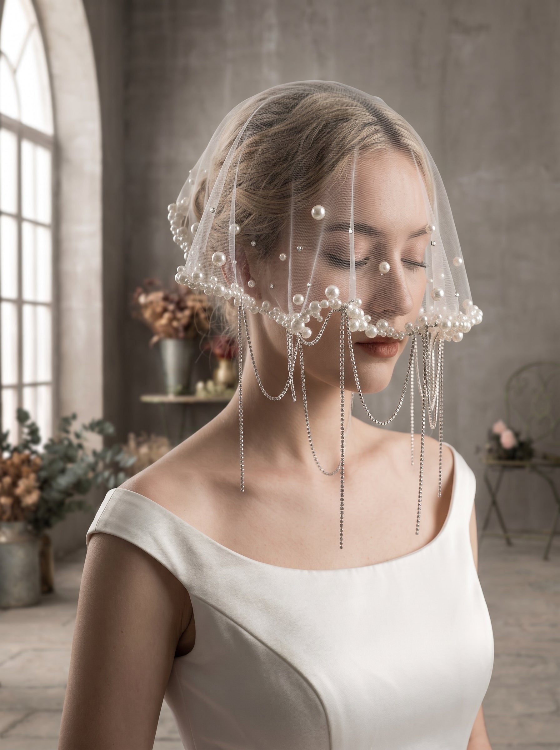 Luxury Baroque Gold Plated Scalloped Cap Veil - One Size Vintage Bridal Headpiece with Cascading Metallic Tassel Chains, Romantic Beaded Birdcage Veil for Reception  LUNA-X348