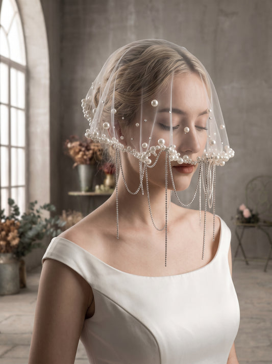 Luxury Baroque Gold Plated Scalloped Cap Veil - One Size Vintage Bridal Headpiece with Cascading Metallic Tassel Chains, Romantic Beaded Birdcage Veil for Reception  LUNA-X348