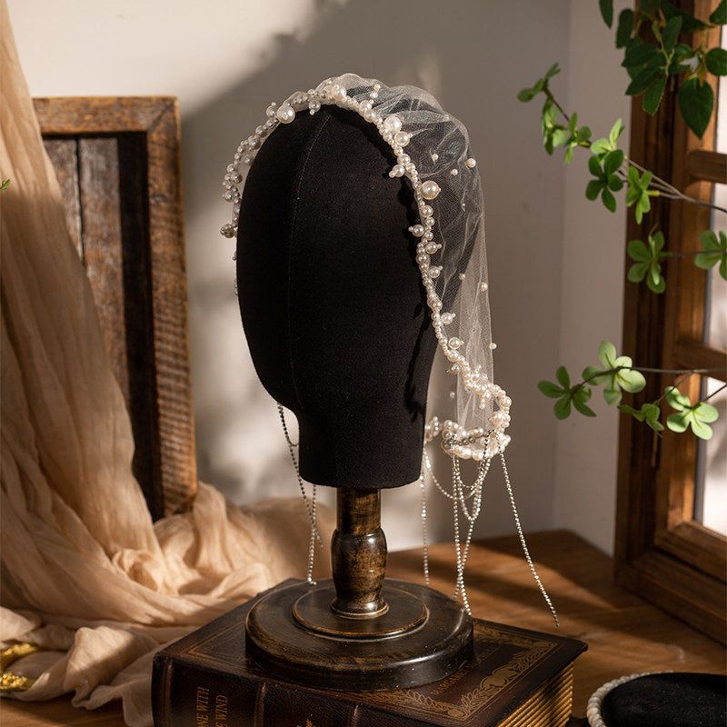 Luxury Baroque Gold Plated Scalloped Cap Veil - One Size Vintage Bridal Headpiece with Cascading Metallic Tassel Chains, Romantic Beaded Birdcage Veil for Reception  LUNA-X348