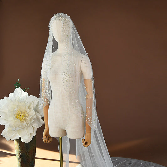 Luxury Cathedral Wedding Veil 118" - Modern Single-Tier Bridal Veil with Cascading Shimmering Beads, Elegant Lustrous Droplets Long Train Veil  LUNA-X349