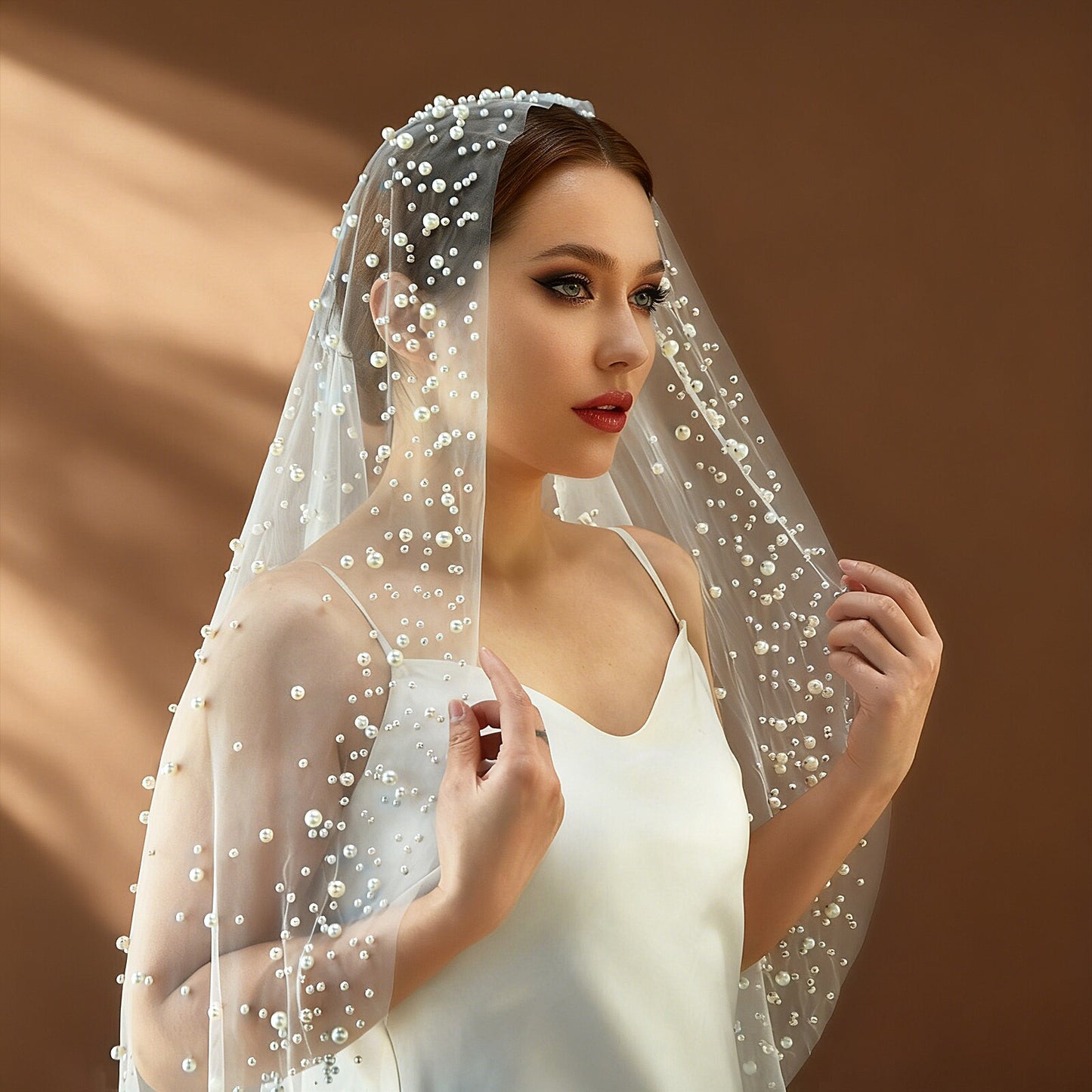 Luxury Cathedral Wedding Veil 118" - Modern Single-Tier Bridal Veil with Cascading Shimmering Beads, Elegant Lustrous Droplets Long Train Veil  LUNA-X349