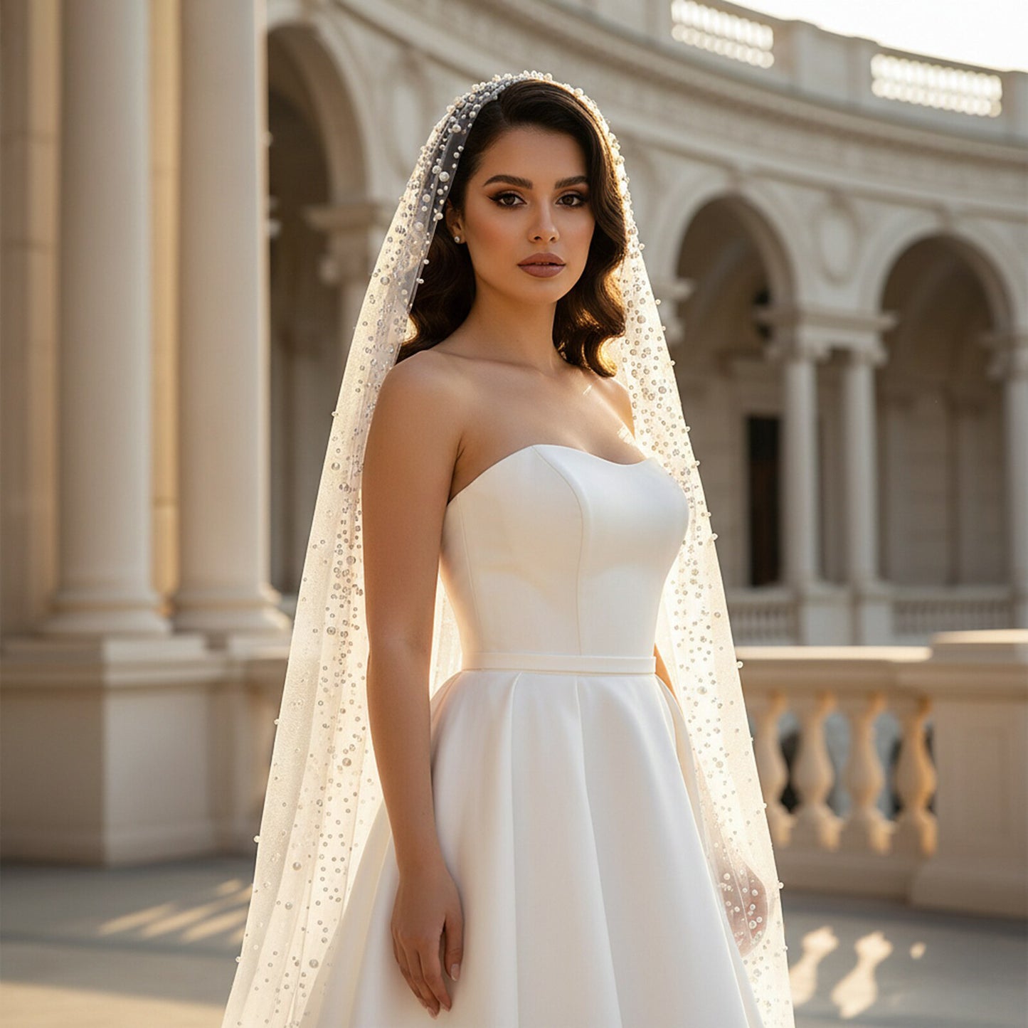 Luxury Cathedral Wedding Veil 118" - Modern Single-Tier Bridal Veil with Cascading Shimmering Beads, Elegant Lustrous Droplets Long Train Veil  LUNA-X349