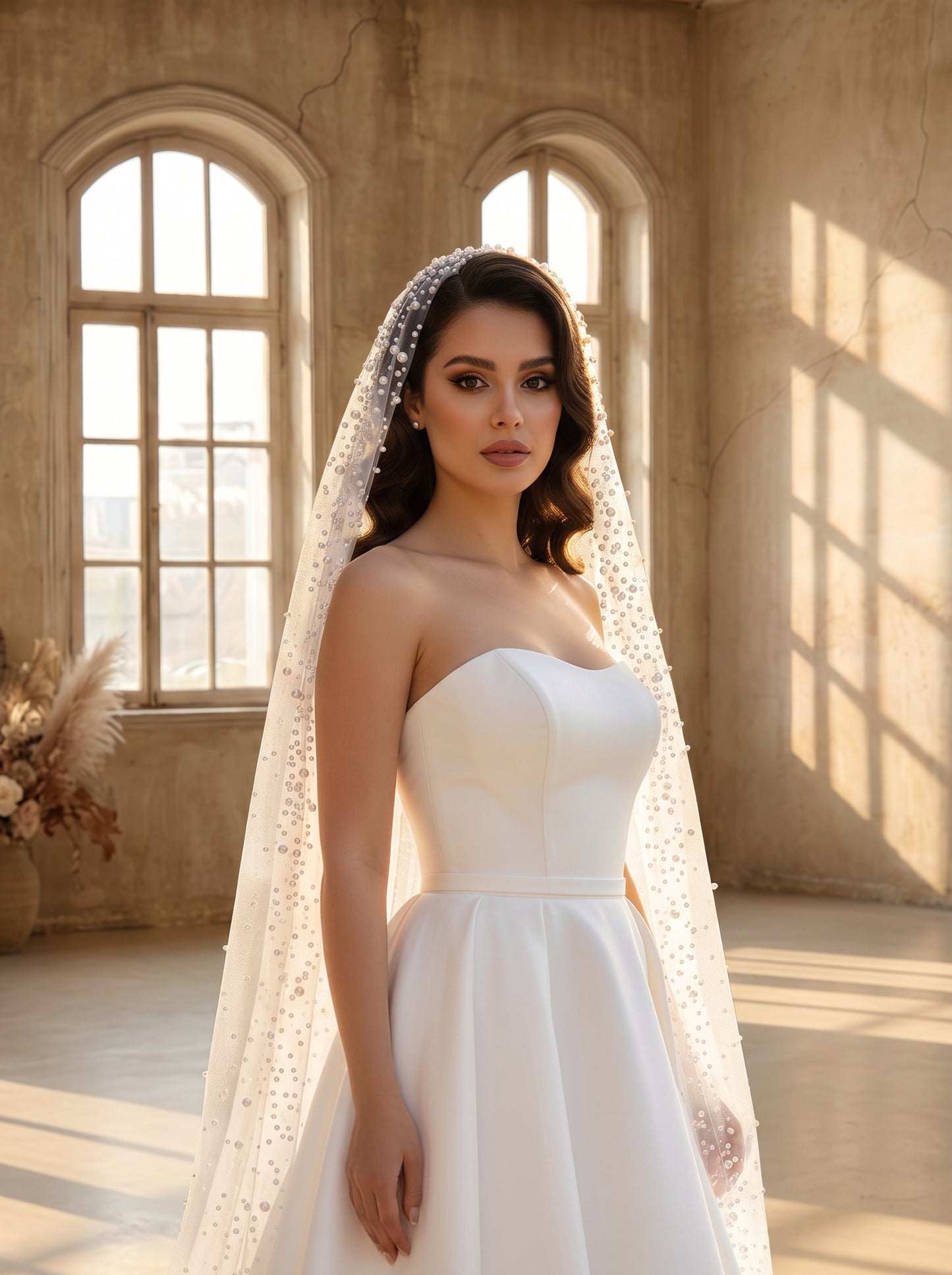 Luxury Cathedral Wedding Veil 118" - Modern Single-Tier Bridal Veil with Cascading Shimmering Beads, Elegant Lustrous Droplets Long Train Veil  LUNA-X349