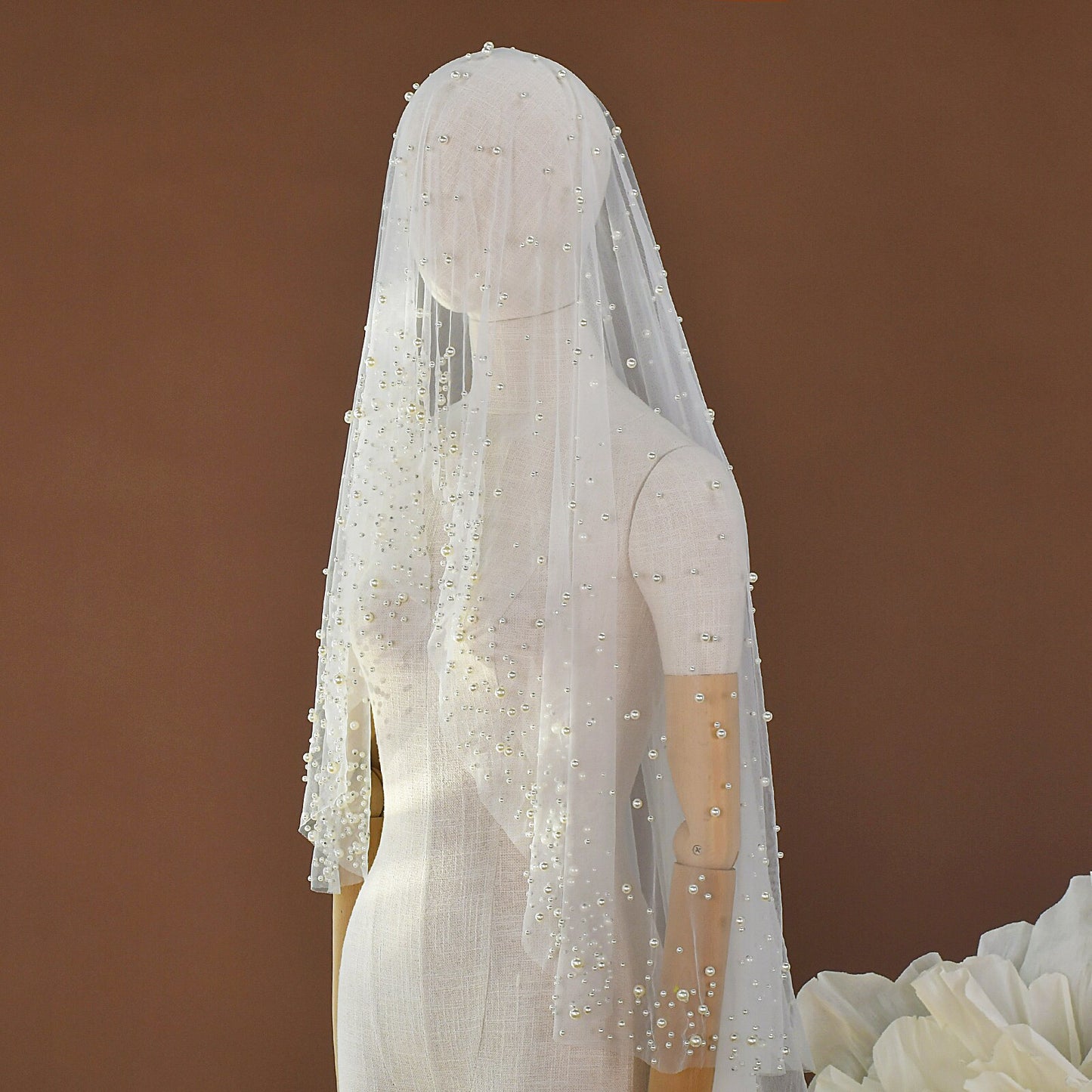 Luxury Cathedral Wedding Veil 118" - Modern Single-Tier Bridal Veil with Cascading Shimmering Beads, Elegant Lustrous Droplets Long Train Veil  LUNA-X349