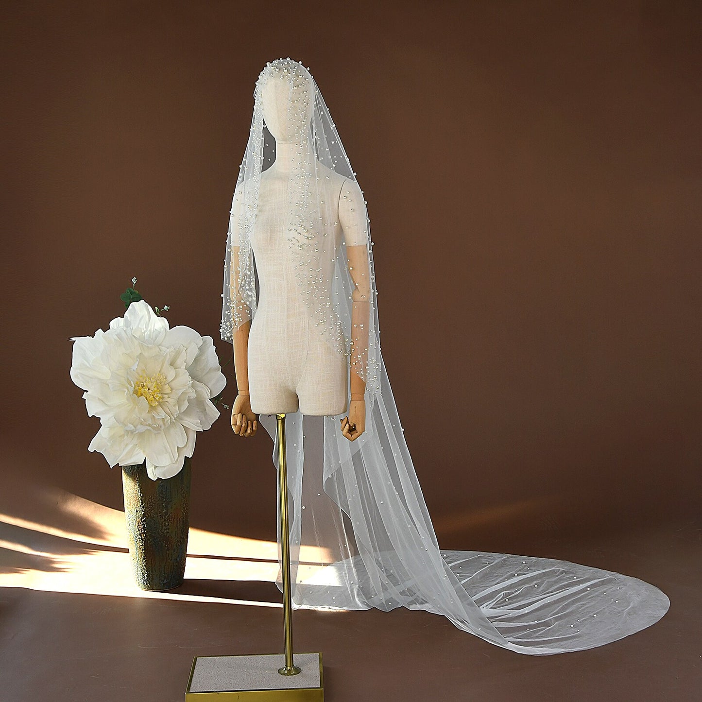 Luxury Cathedral Wedding Veil 118" - Modern Single-Tier Bridal Veil with Cascading Shimmering Beads, Elegant Lustrous Droplets Long Train Veil  LUNA-X349