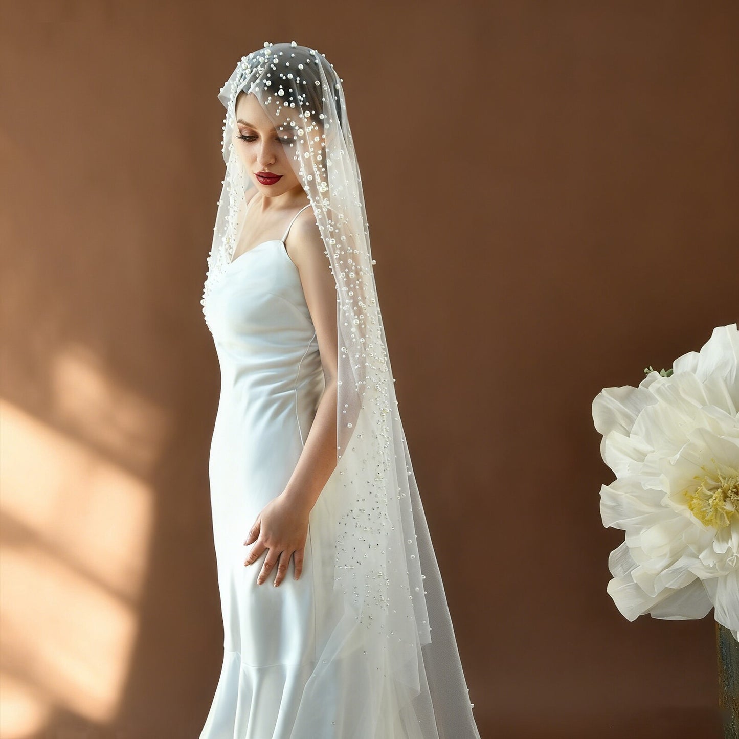 Luxury Cathedral Wedding Veil 118" - Modern Single-Tier Bridal Veil with Cascading Shimmering Beads, Elegant Lustrous Droplets Long Train Veil  LUNA-X349