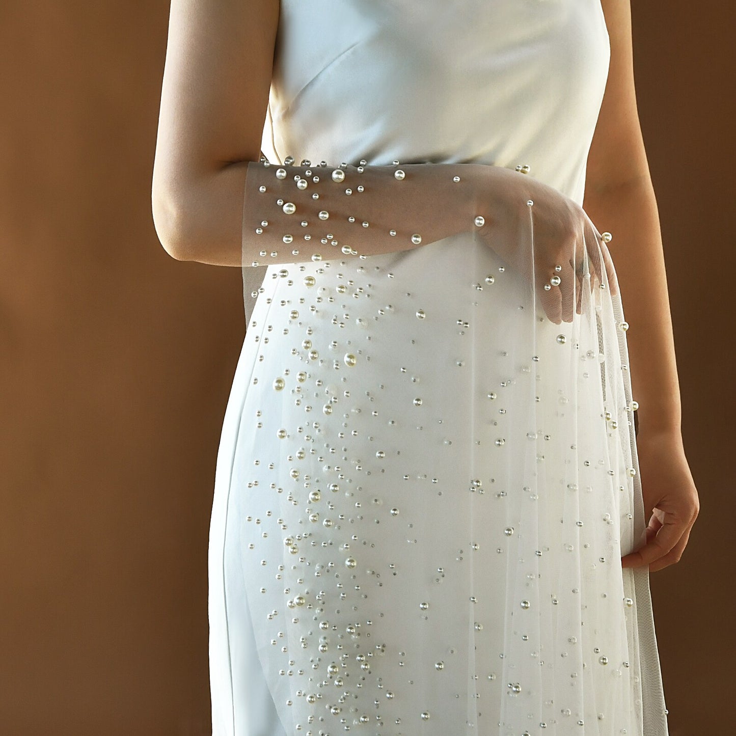 Luxury Cathedral Wedding Veil 118" - Modern Single-Tier Bridal Veil with Cascading Shimmering Beads, Elegant Lustrous Droplets Long Train Veil  LUNA-X349