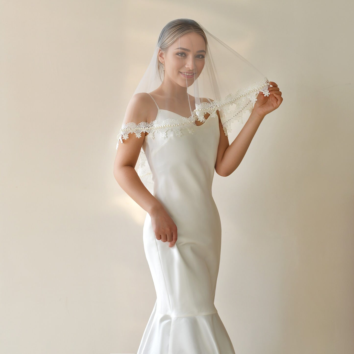 Vintage French Mantilla Wedding Veil 43" - Two-Way Fingertip Bridal Veil with Heavy Embroidered Lace Edge & Lustrous Beaded Trim, Romantic Blusher Veil  LUNA-X350