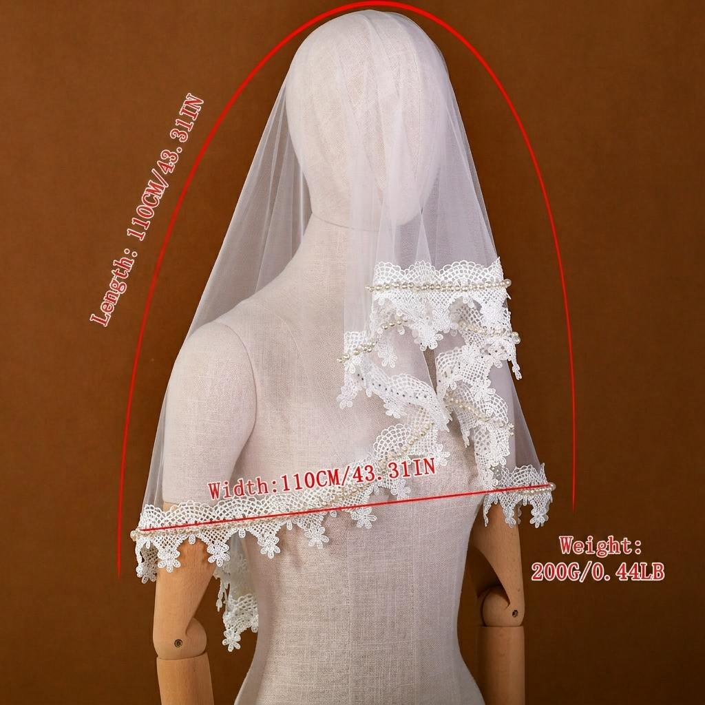 Vintage French Mantilla Wedding Veil 43" - Two-Way Fingertip Bridal Veil with Heavy Embroidered Lace Edge & Lustrous Beaded Trim, Romantic Blusher Veil  LUNA-X350