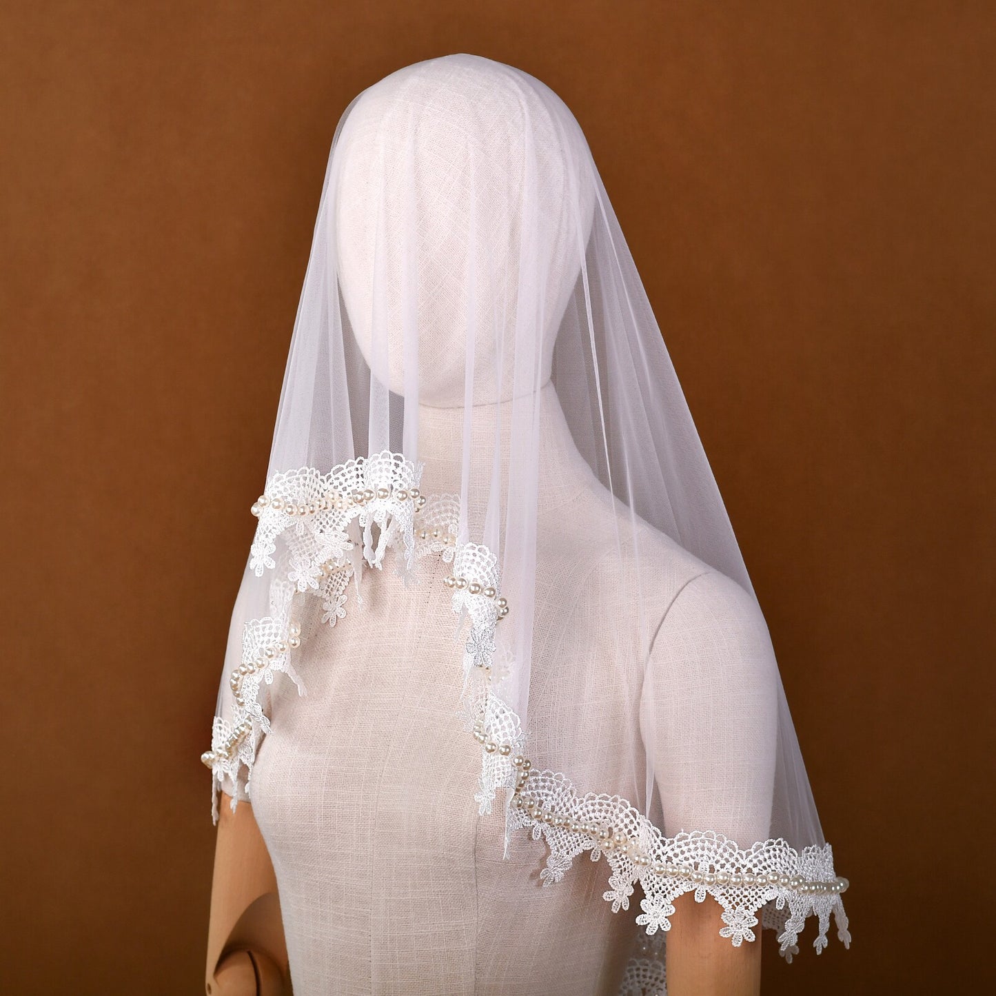 Vintage French Mantilla Wedding Veil 43" - Two-Way Fingertip Bridal Veil with Heavy Embroidered Lace Edge & Lustrous Beaded Trim, Romantic Blusher Veil  LUNA-X350