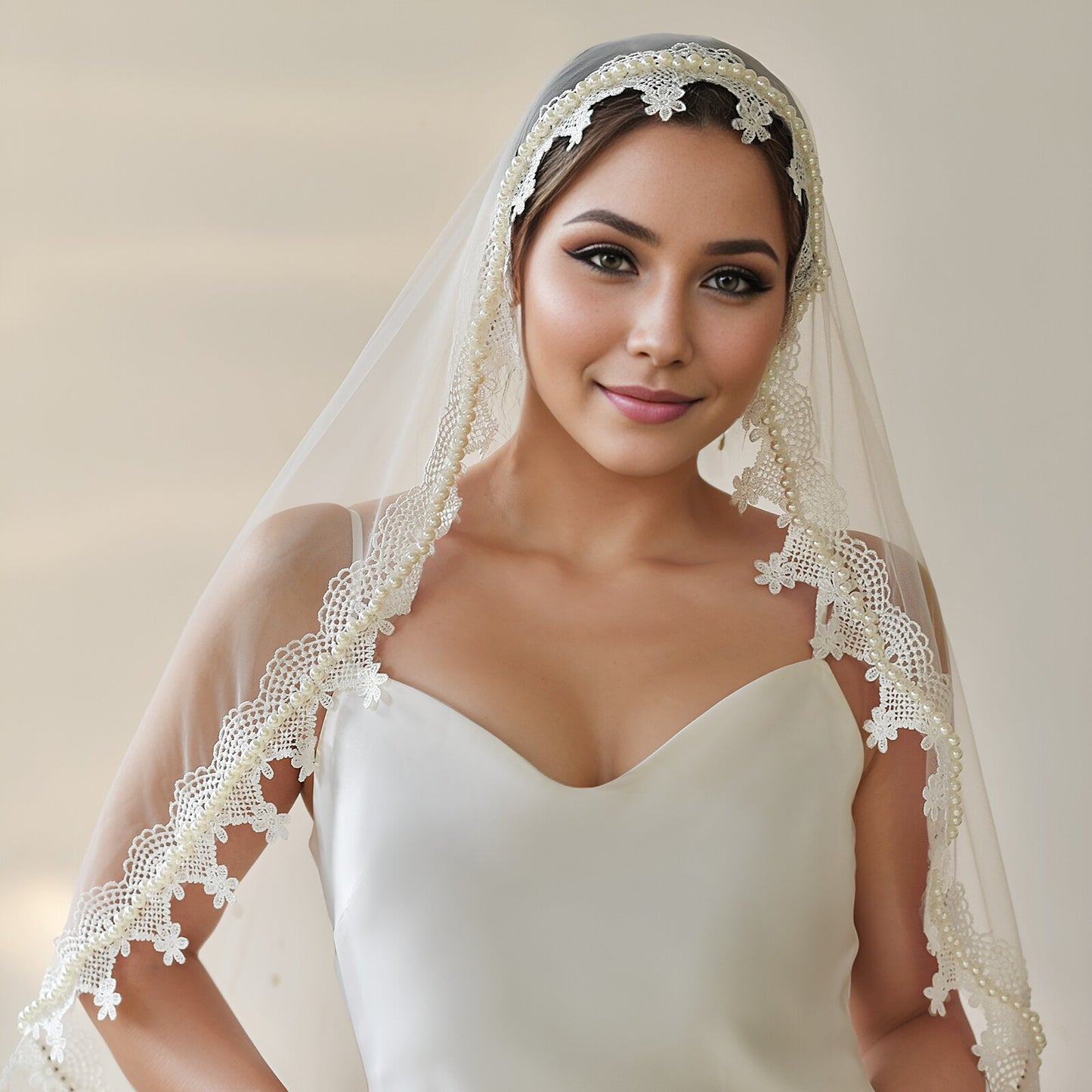 Vintage French Mantilla Wedding Veil 43" - Two-Way Fingertip Bridal Veil with Heavy Embroidered Lace Edge & Lustrous Beaded Trim, Romantic Blusher Veil  LUNA-X350