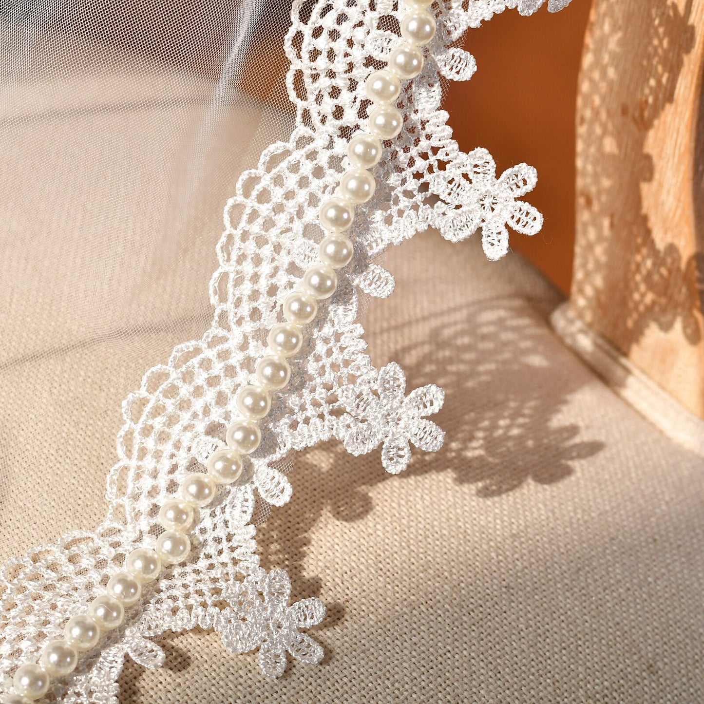 Vintage French Mantilla Wedding Veil 43" - Two-Way Fingertip Bridal Veil with Heavy Embroidered Lace Edge & Lustrous Beaded Trim, Romantic Blusher Veil  LUNA-X350