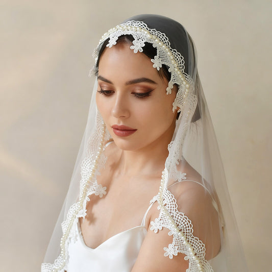 Vintage French Mantilla Wedding Veil 43" - Two-Way Fingertip Bridal Veil with Heavy Embroidered Lace Edge & Lustrous Beaded Trim, Romantic Blusher Veil  LUNA-X350