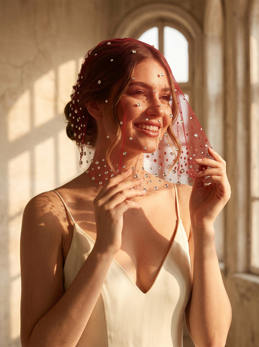 Romantic Red Birdcage Veil 17" - Gothic Shoulder-Length Wedding Veil with Glistening Rhine-Gems, Vintage Hair Comb Blusher Veil for Bachelorette Party & Reception LUNA-X351