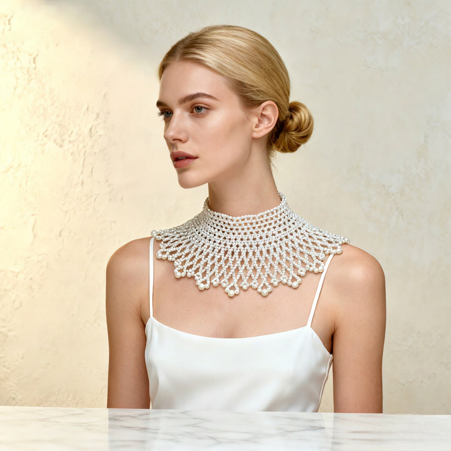 Luxury Vintage Bridal Choker Collar - Heavy Lattice-Weave Wedding Neckpiece with Lustrous Round Beads, Elegant Statement Capelet Bib for Strapless Gown LUNA-X353