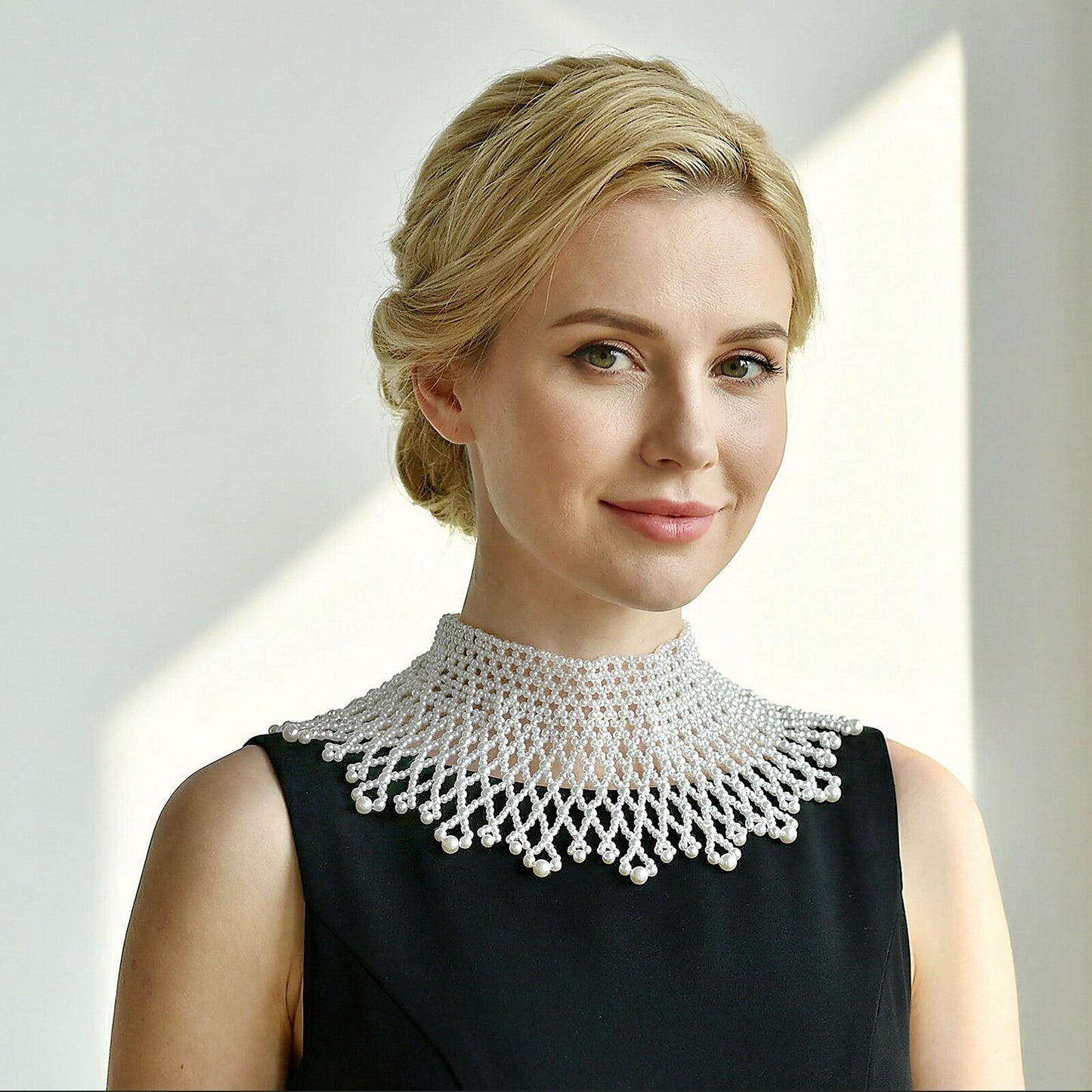 Luxury Vintage Bridal Choker Collar - Heavy Lattice-Weave Wedding Neckpiece with Lustrous Round Beads, Elegant Statement Capelet Bib for Strapless Gown LUNA-X353