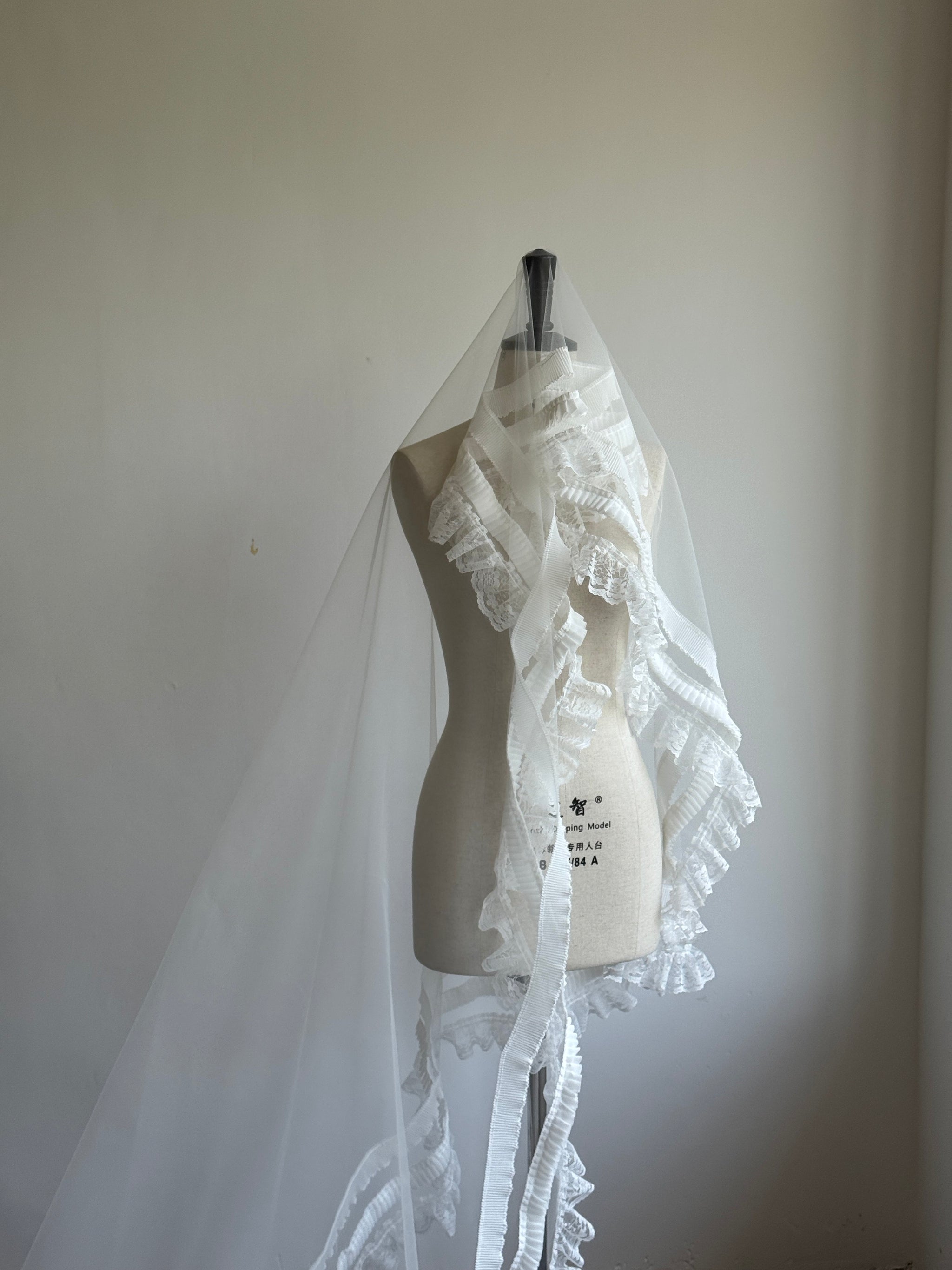 Luxury Vintage Cathedral Wedding Veil - French Tiered Ruffle Lace Bridal Veil, Romantic Pleated Ribbon Edge Long Train Veil for Estate Ceremony LUNA-X354