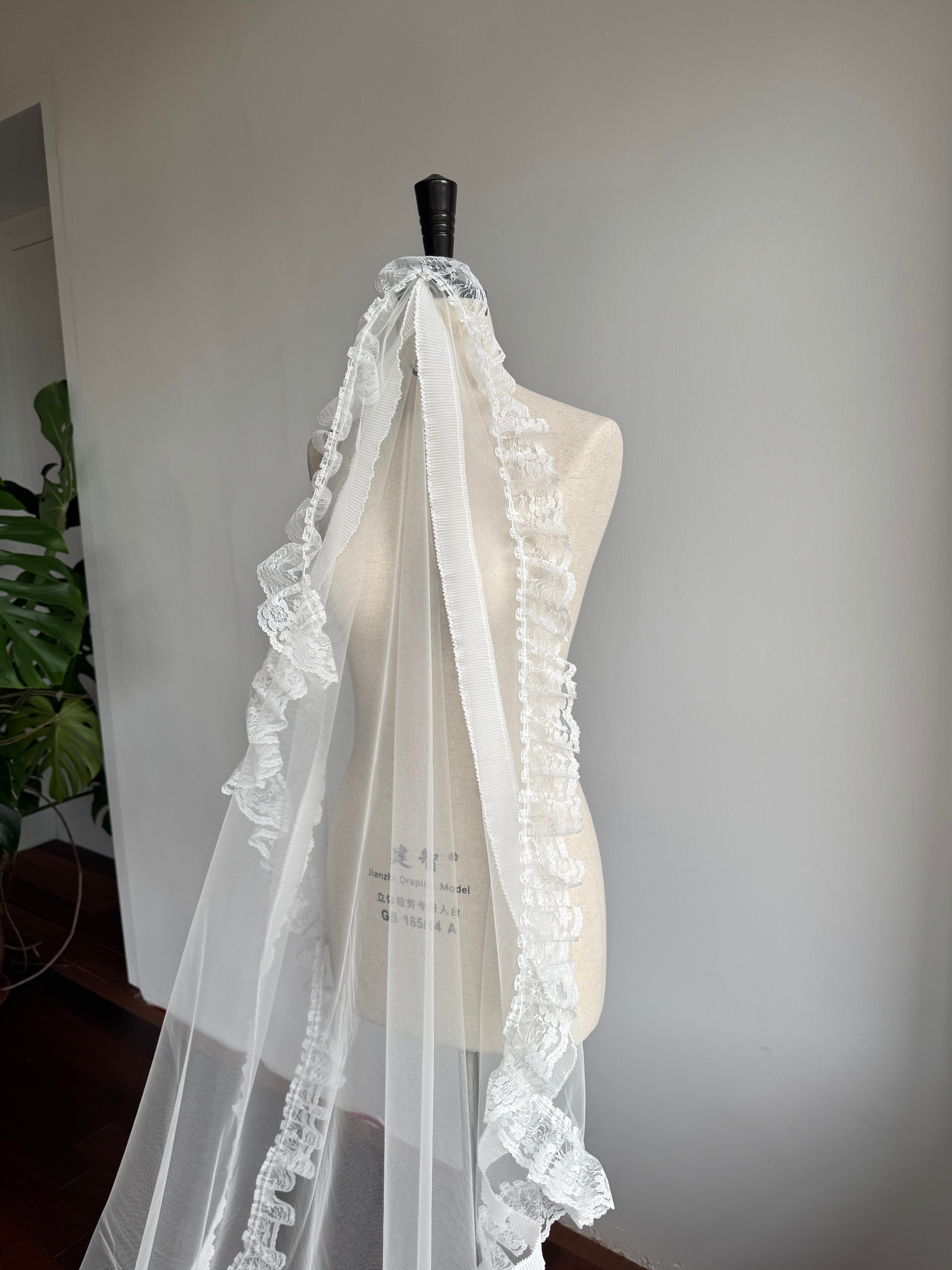Luxury Vintage Cathedral Wedding Veil - French Tiered Ruffle Lace Bridal Veil, Romantic Pleated Ribbon Edge Long Train Veil for Estate Ceremony LUNA-X354