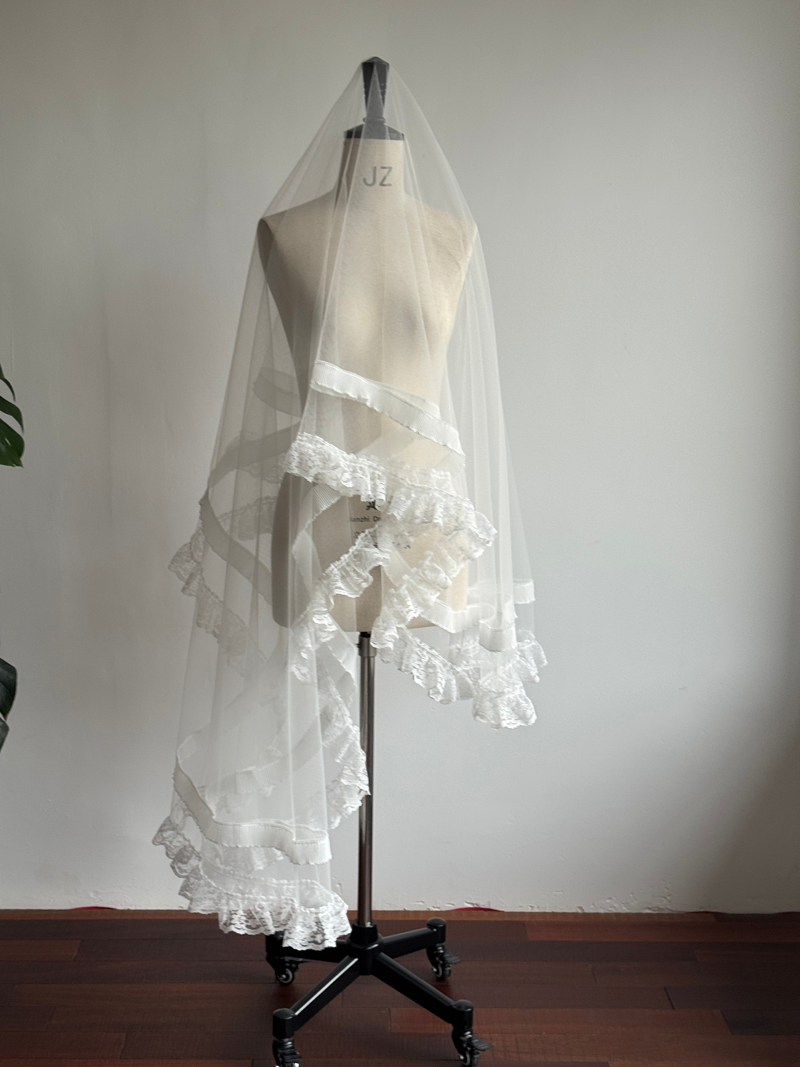 Luxury Vintage Cathedral Wedding Veil - French Tiered Ruffle Lace Bridal Veil, Romantic Pleated Ribbon Edge Long Train Veil for Estate Ceremony LUNA-X354