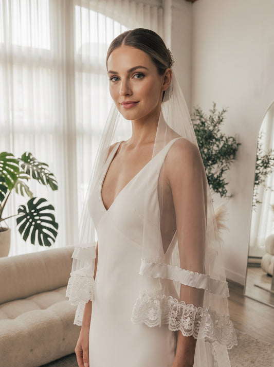 Luxury Vintage Cathedral Wedding Veil - French Tiered Ruffle Lace Bridal Veil, Romantic Pleated Ribbon Edge Long Train Veil for Estate Ceremony LUNA-X354
