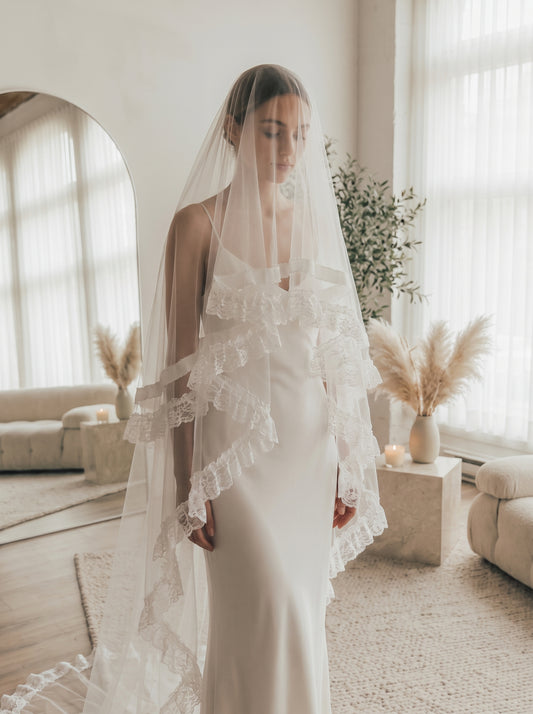 Luxury Vintage Cathedral Wedding Veil - French Tiered Ruffle Lace Bridal Veil, Romantic Pleated Ribbon Edge Long Train Veil for Estate Ceremony LUNA-X354