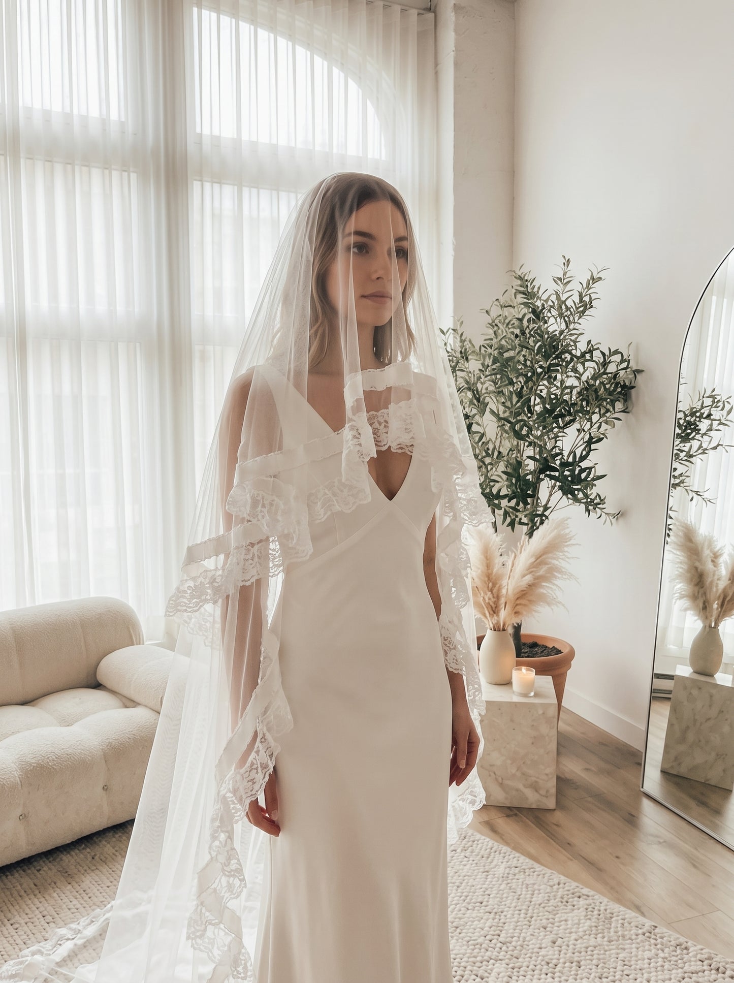 Luxury Vintage Cathedral Wedding Veil - French Tiered Ruffle Lace Bridal Veil, Romantic Pleated Ribbon Edge Long Train Veil for Estate Ceremony LUNA-X354