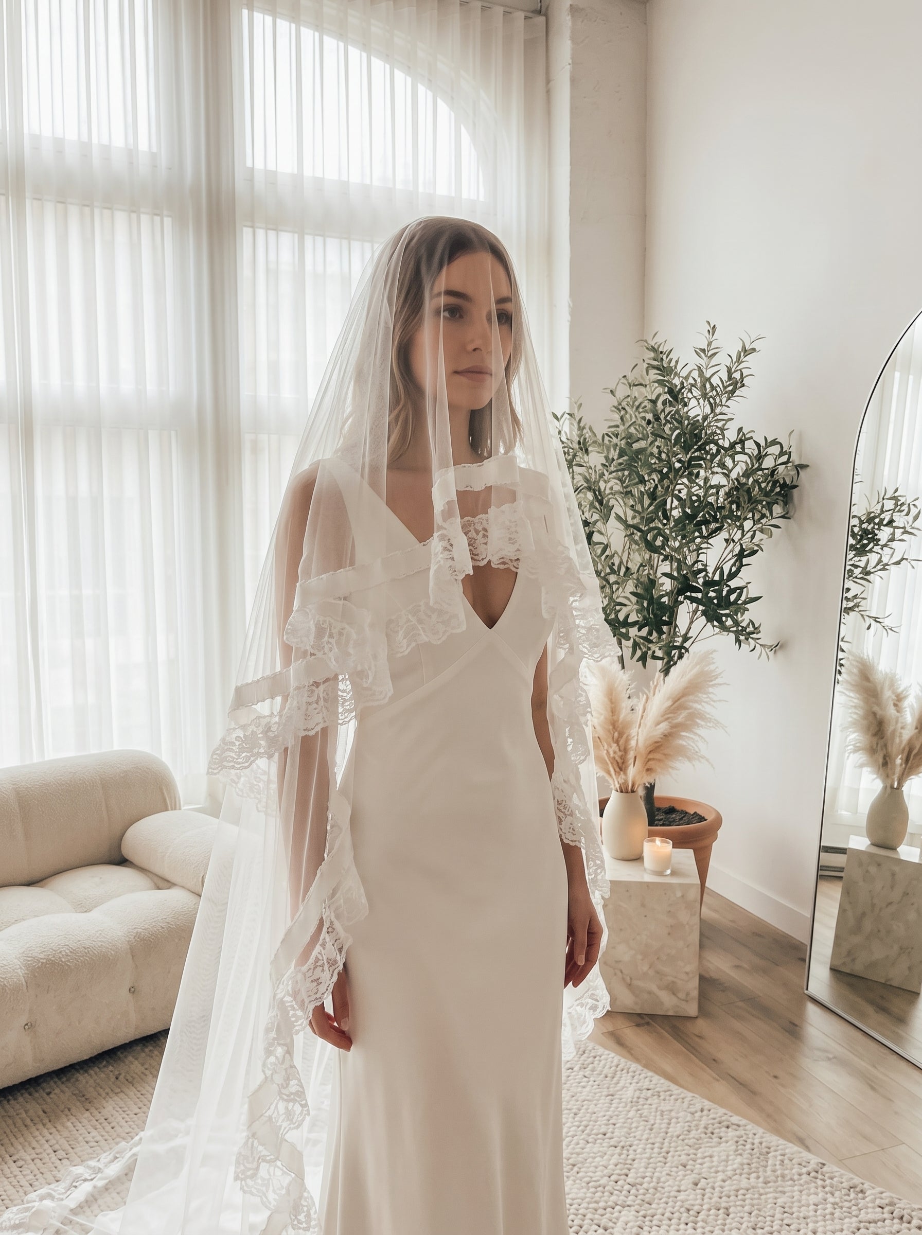 Luxury Vintage Cathedral Wedding Veil - French Tiered Ruffle Lace Bridal Veil, Romantic Pleated Ribbon Edge Long Train Veil for Estate Ceremony LUNA-X354