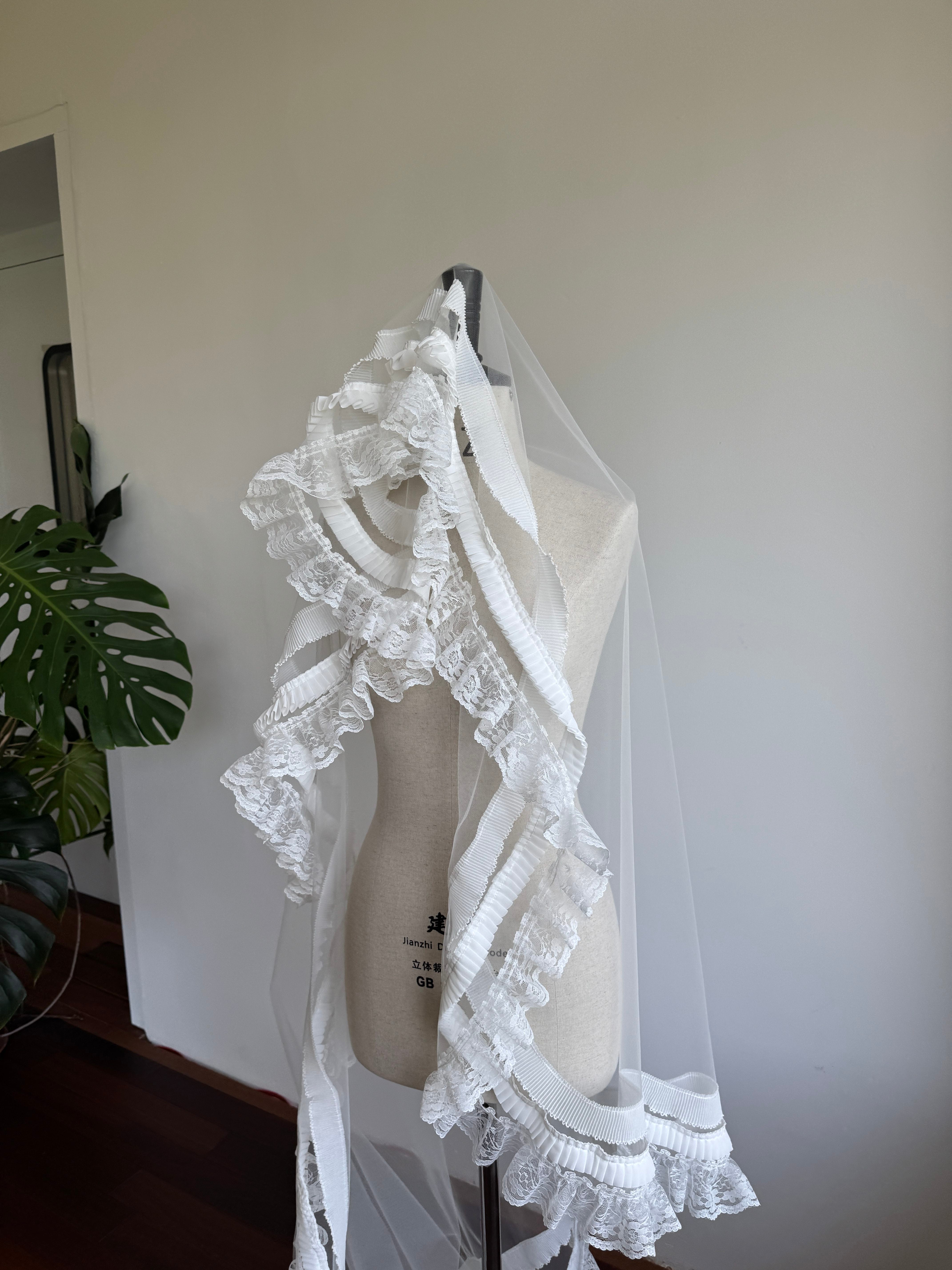 Luxury Vintage Cathedral Wedding Veil - French Tiered Ruffle Lace Bridal Veil, Romantic Pleated Ribbon Edge Long Train Veil for Estate Ceremony LUNA-X354
