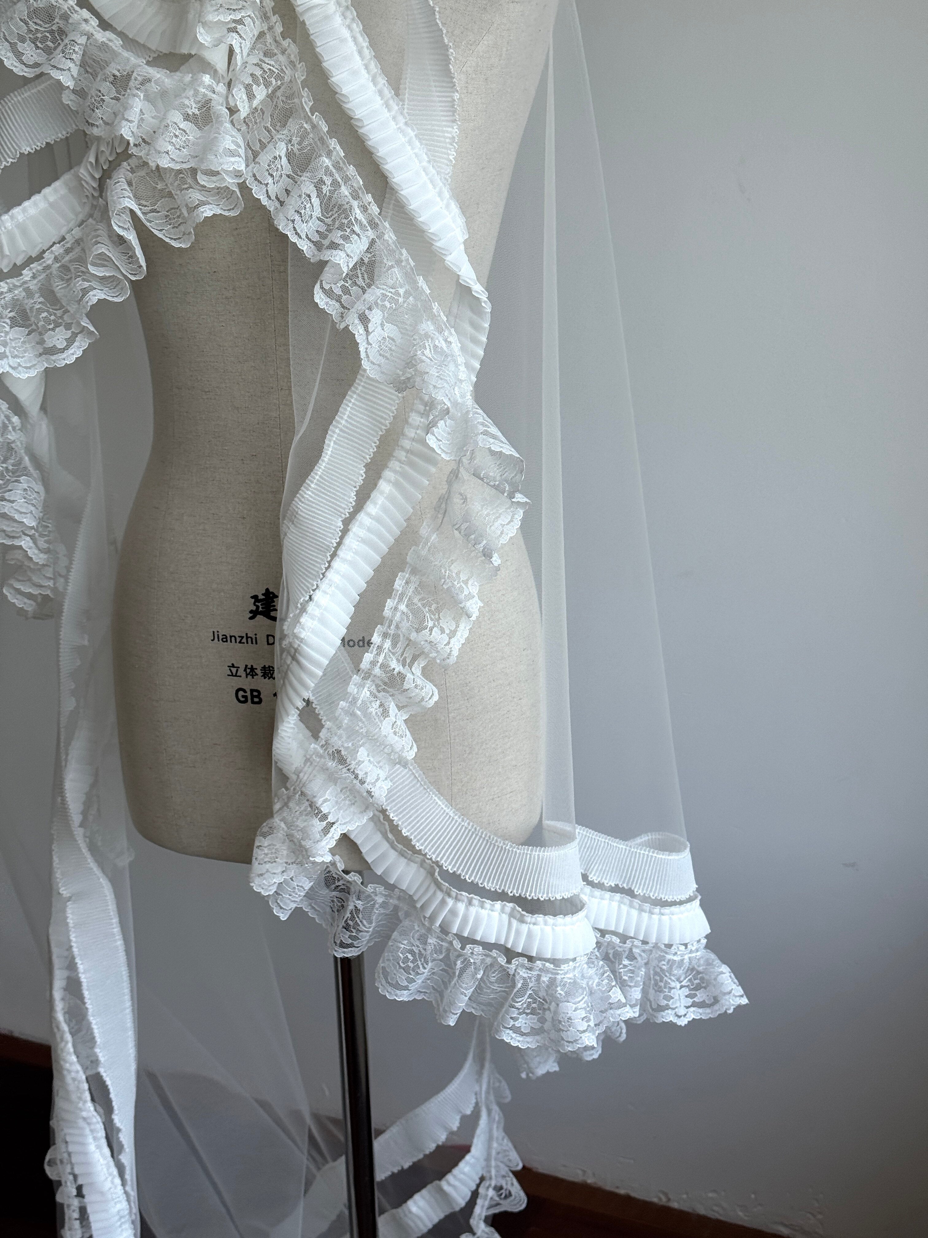 Luxury Vintage Cathedral Wedding Veil - French Tiered Ruffle Lace Bridal Veil, Romantic Pleated Ribbon Edge Long Train Veil for Estate Ceremony LUNA-X354