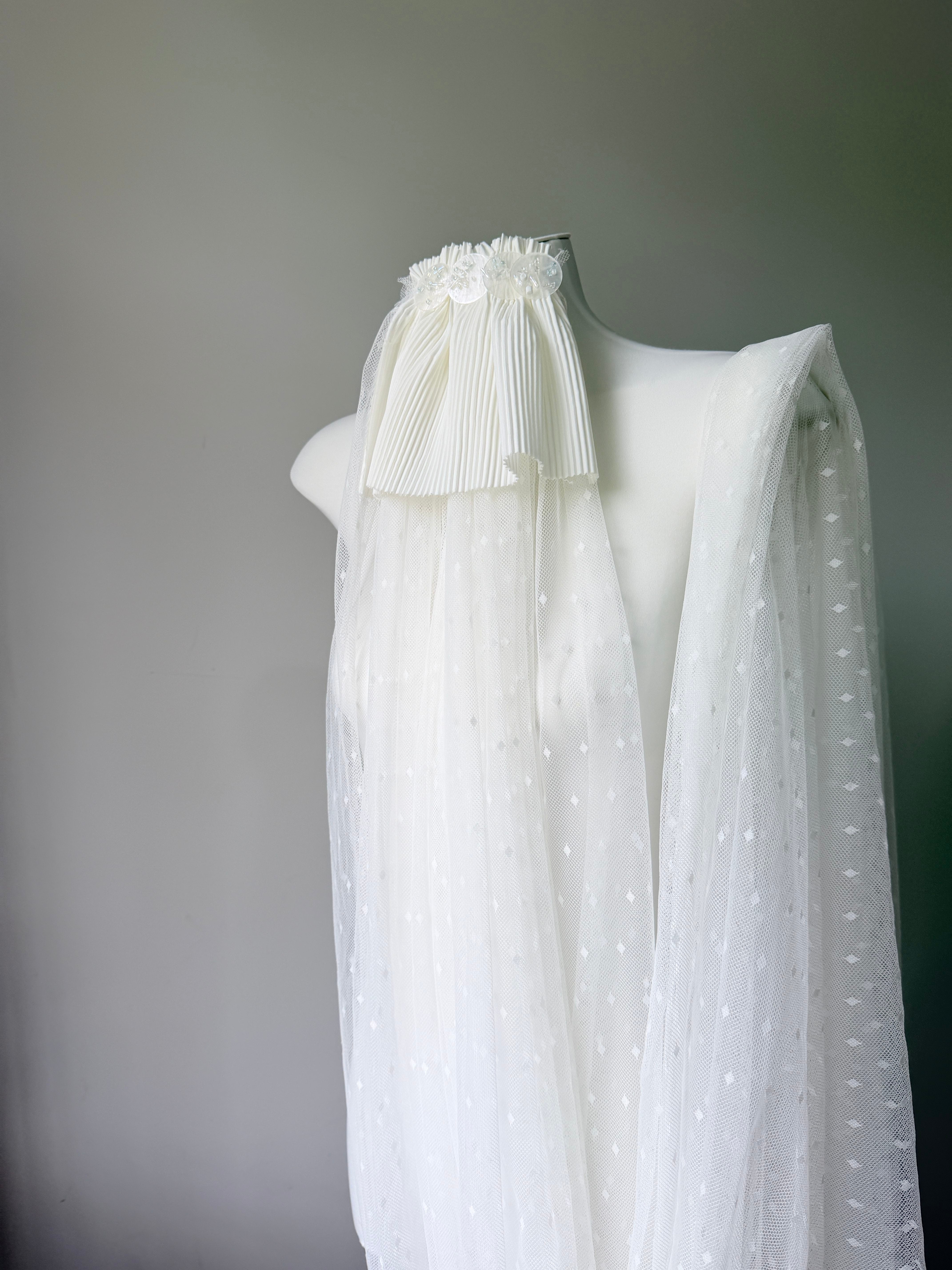 Romantic Swiss Dot Wedding Veil - French Pleated Ribbon Bow Bridal Veil, Vintage Sheer Dotted Tulle Long Train Veil with Shimmering Disc Accent LUNA-X356